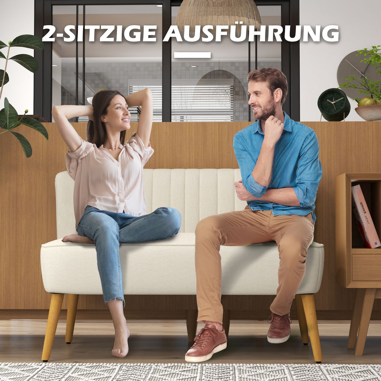 HOMCOM Sofa 2-Sitzer Stoffsofa Couch Polstersofa Loungesofa breit Cremeweiß