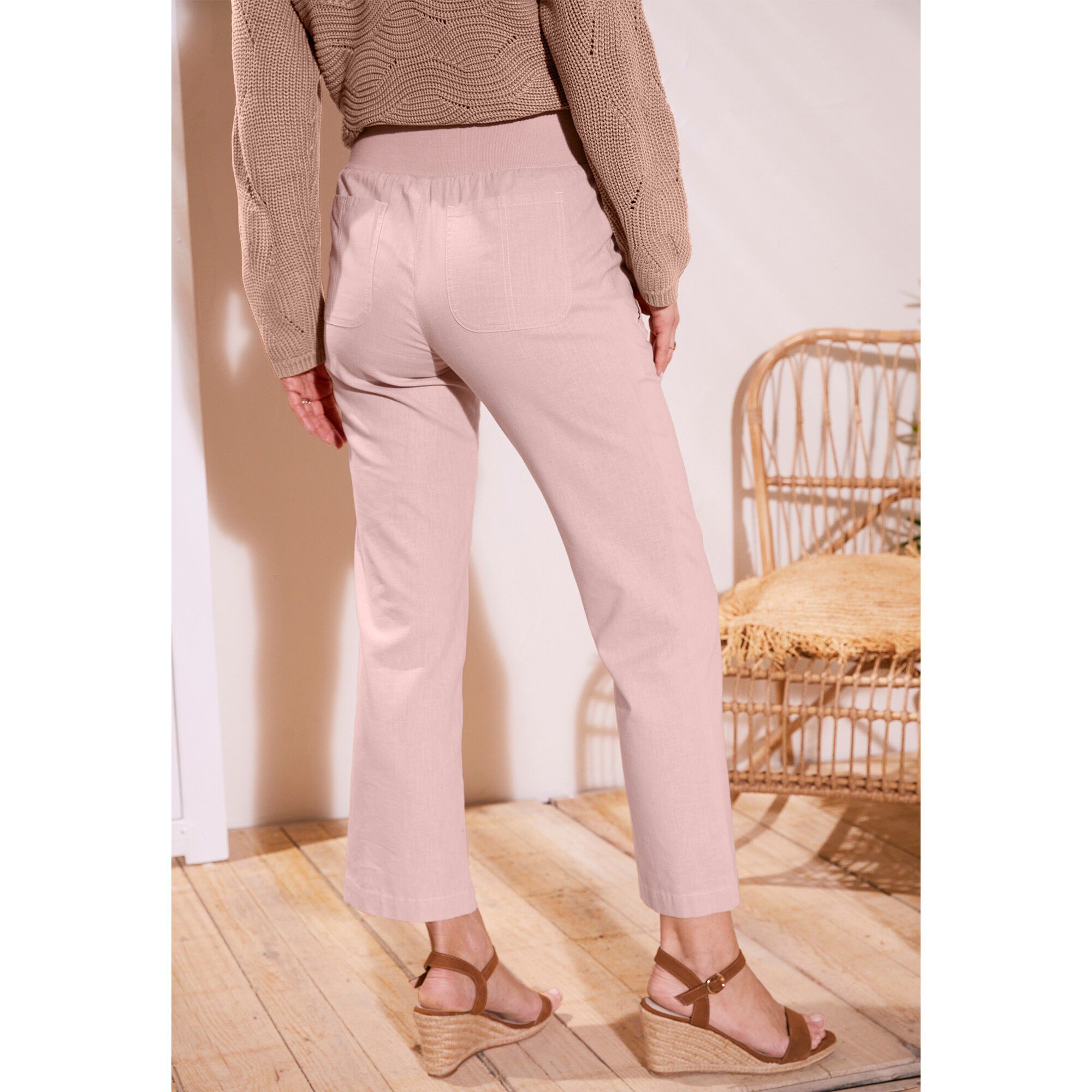 Pantalon coupe droite 7/8ème taille élastiquée, lin coton