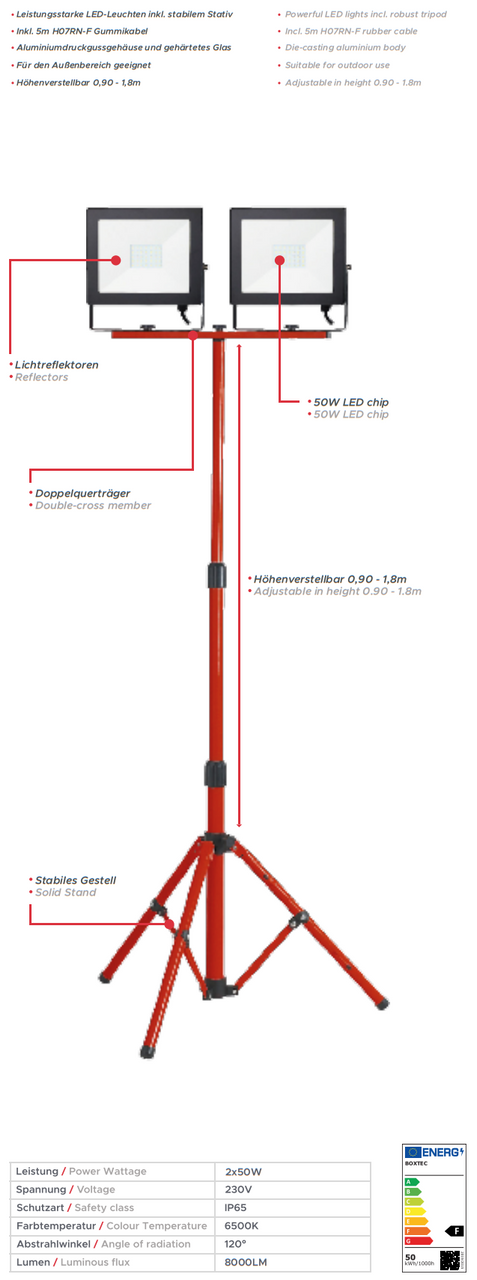 BOXTEC LED 100W (2x50W) Arbeitsleuchte, Baustrahler auf Teleskopstativ, 5m Gummikabel, IP65, 6500K