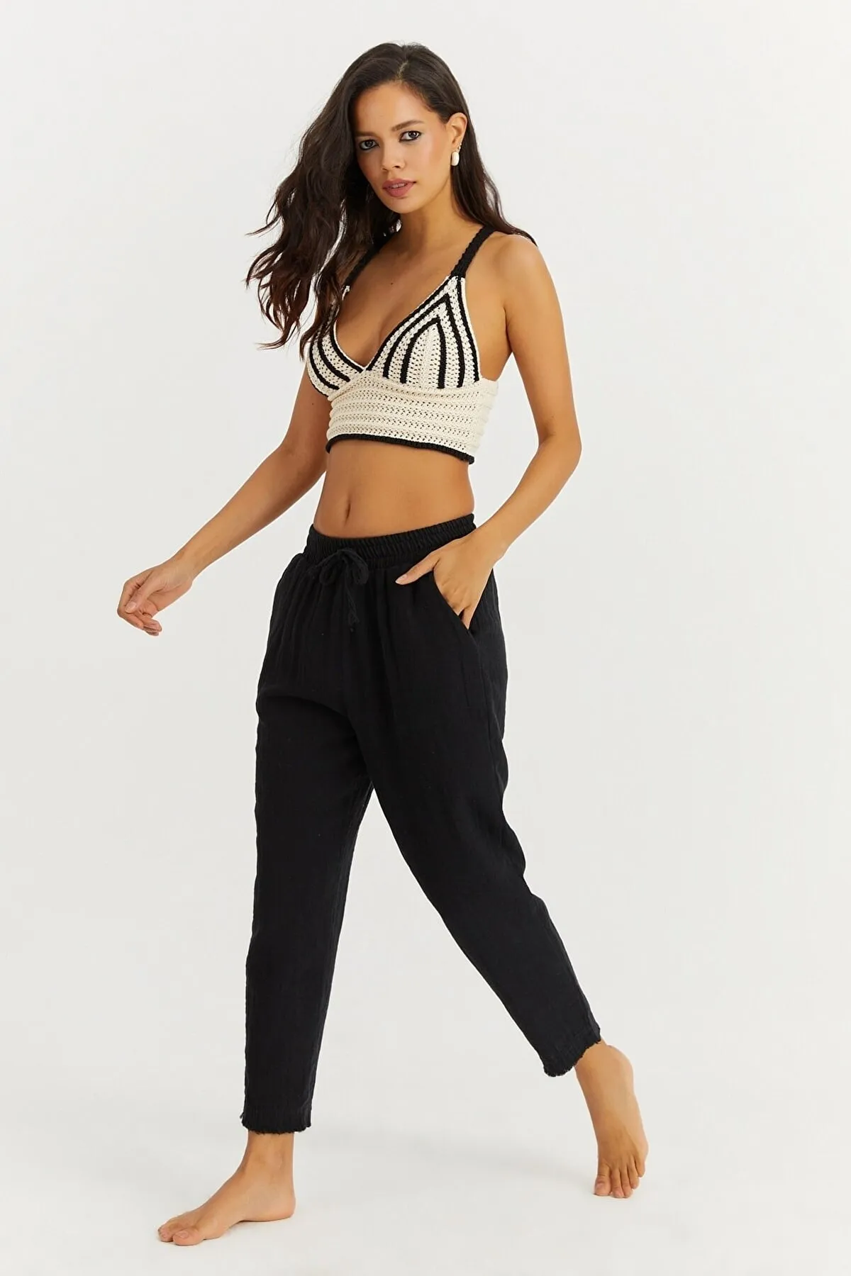 Cool & Sexy  Schwarze Musselinhose mit elastischem Bund für Damen İS3873