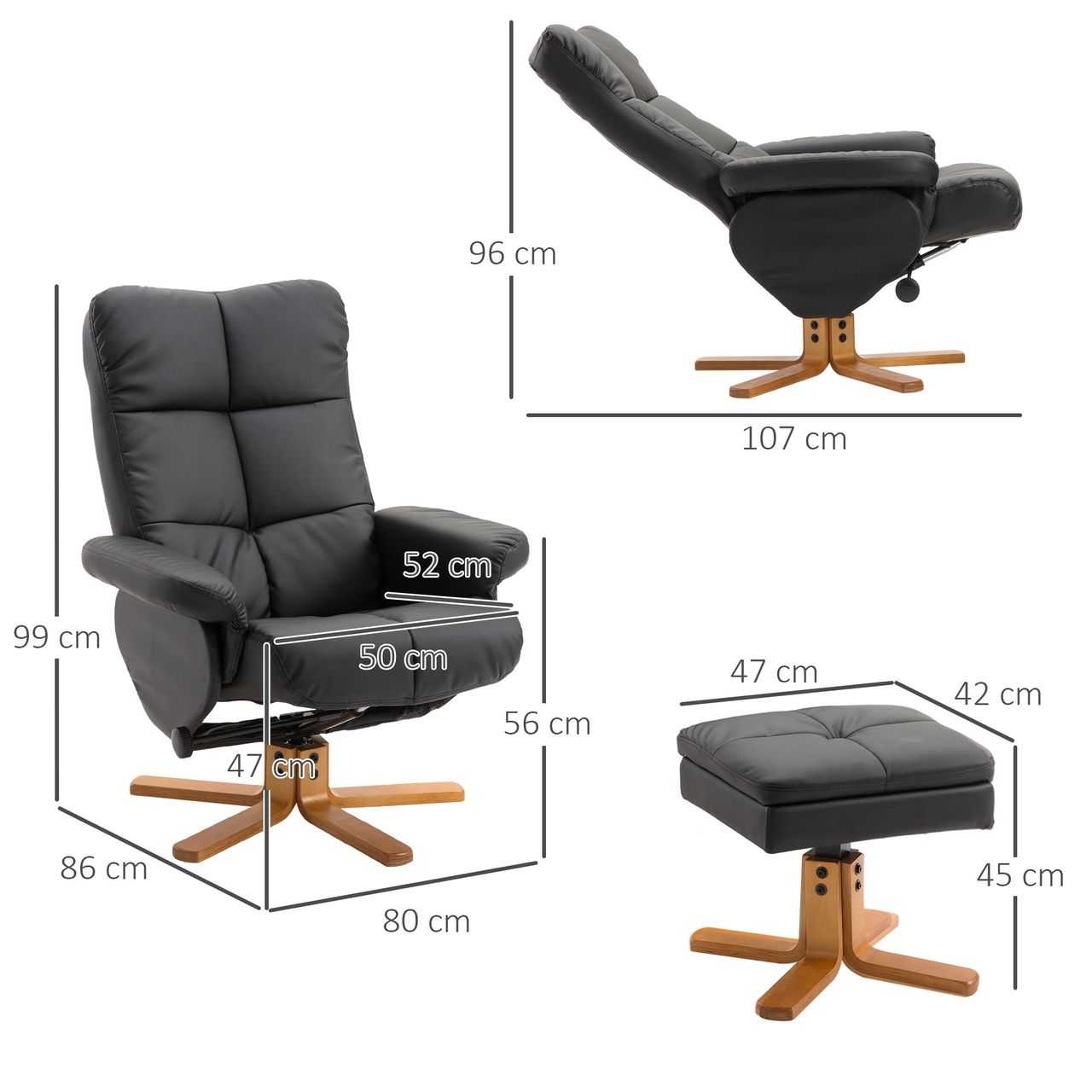 HOMCOM Relaxsessel Fernsehsessel 360° drehbarer Sessel mit Hocker Liegefunktion Holzgestell Schwarz 80 x 86 x 99cm