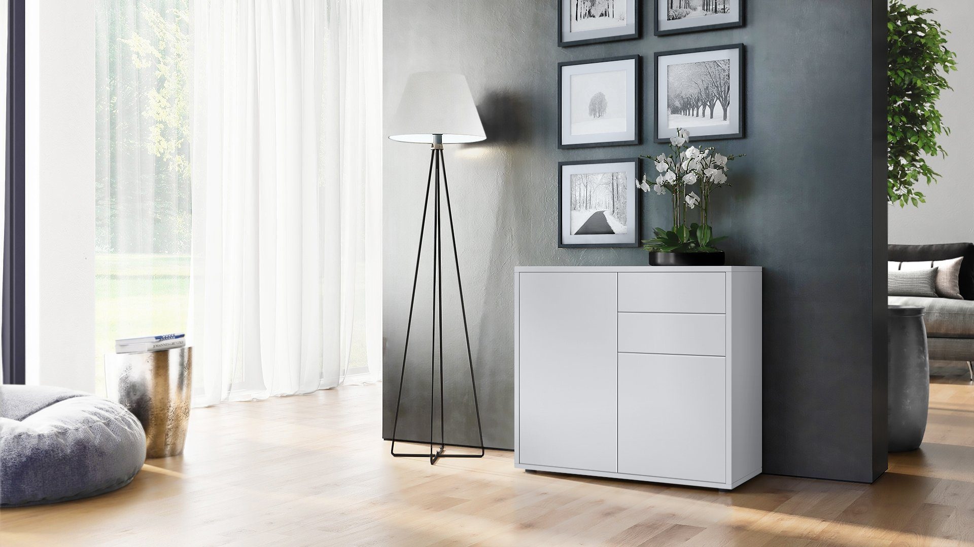 Vladon Kommode Ben (Kommode, mit 2 Türen und 2 Schubladen), Weiß matt/Weiß matt (79 x 74 x 36 cm)