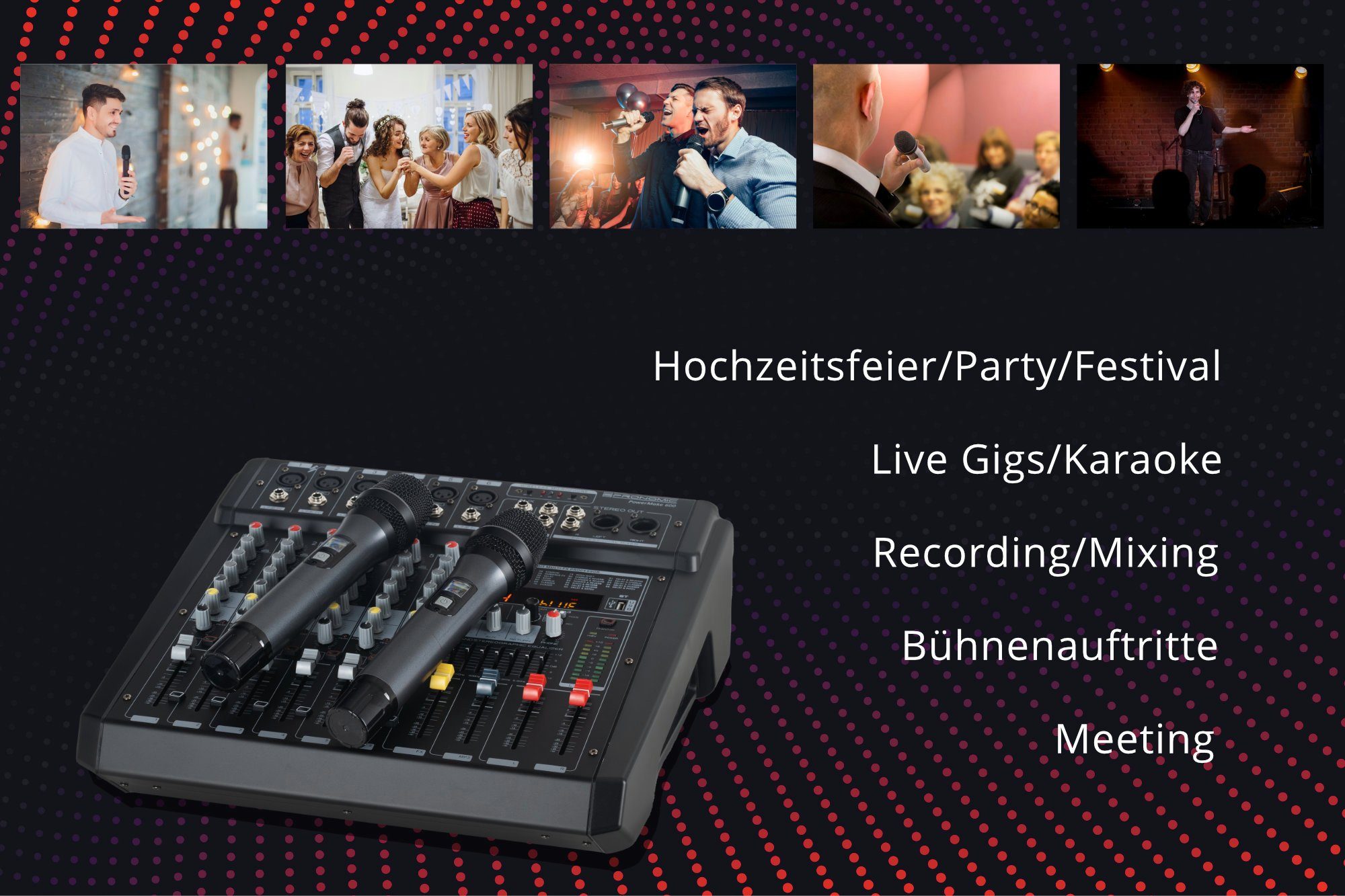 Pronomic Mischpult 6-Kanal-Powermischer 760 Watt RMS-Leistung, (inkl. 2 Funkmikrofone mit integriertem UHF-Empfänger), Bluetooth®/USB-Player/Recorder - Grafischer Equalizer