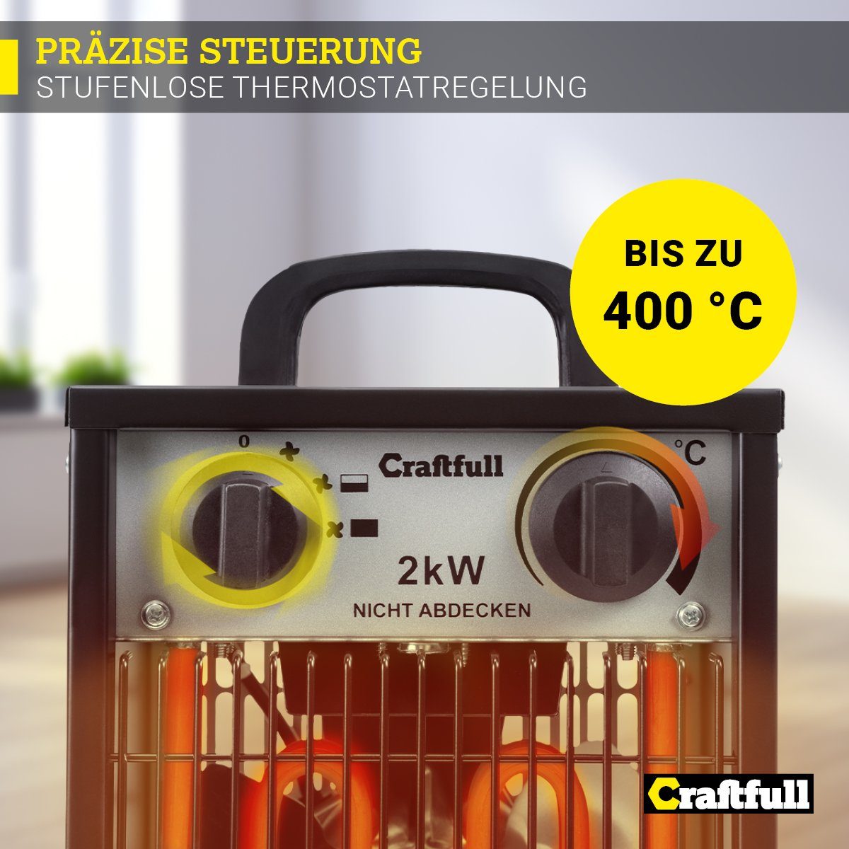 Craftfull Heizlüfter Elektro Heizgerät HL200 inkl. 3 J. Garantie - 3 Heizstufen - Bauheizer, 2000 W, Elektroheizung Heizung Heizer - Termostatregelung - Tragegriff