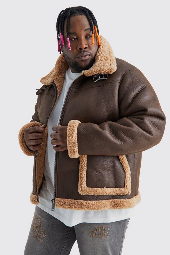 Plus PU-Fliegerjacke mit Borg-Detail