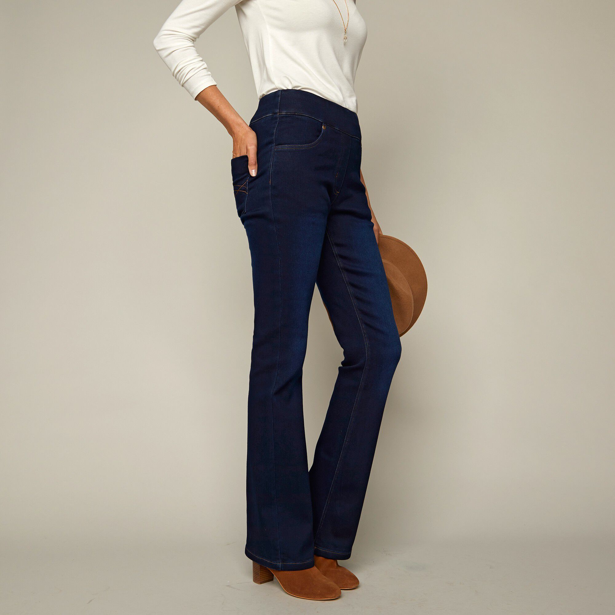Jean bootcut ultra stretch, maille effet jean, grande stature