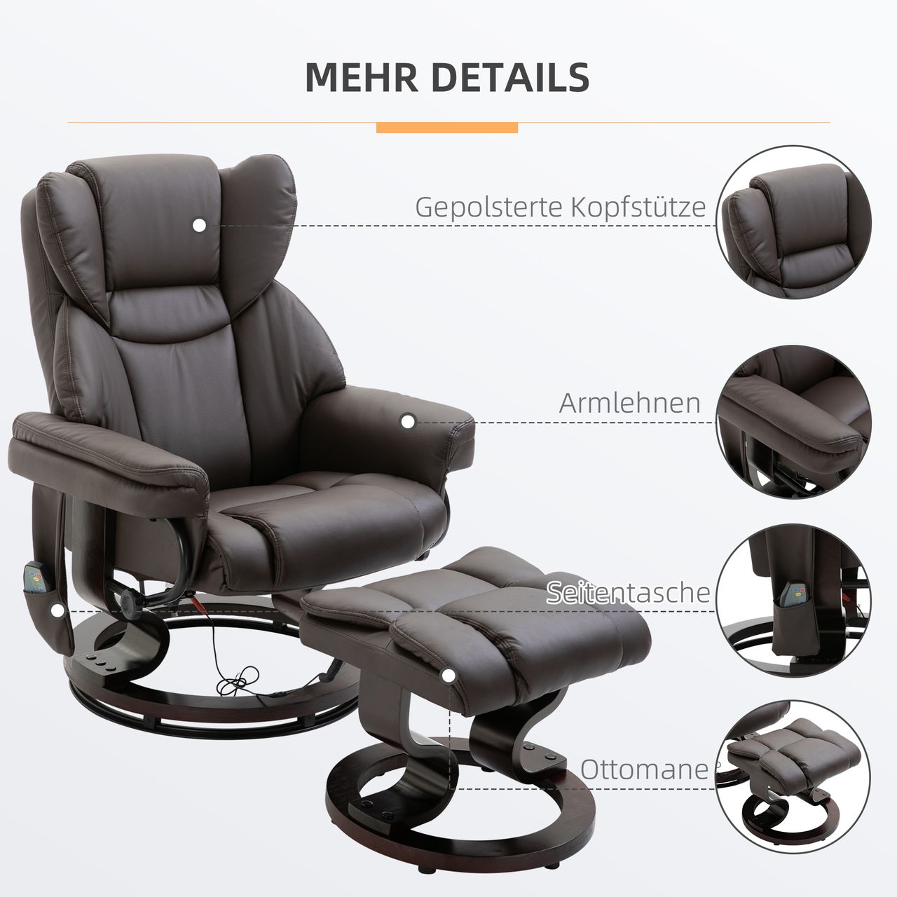 HOMCOM Massagesessel mit Fußhocker Relaxsessel 145°-Neigung Kunstleder Braun 79 x 82 x 101 cm