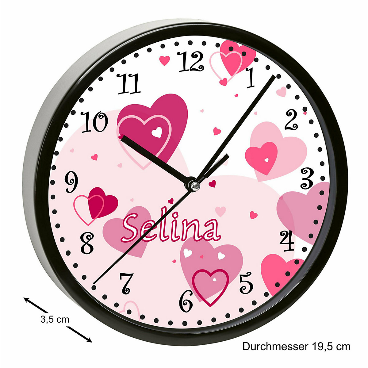 Kinder Wanduhr personalisiert mit Name Herz Rosa