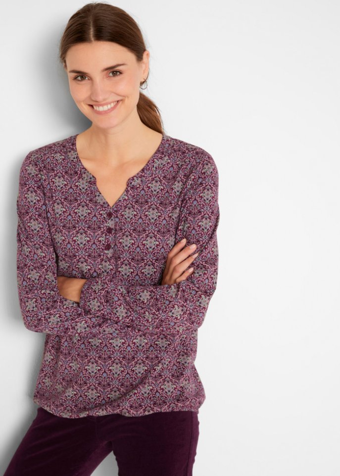 Bedrucktes Langarmshirt mit Henley-Kragen