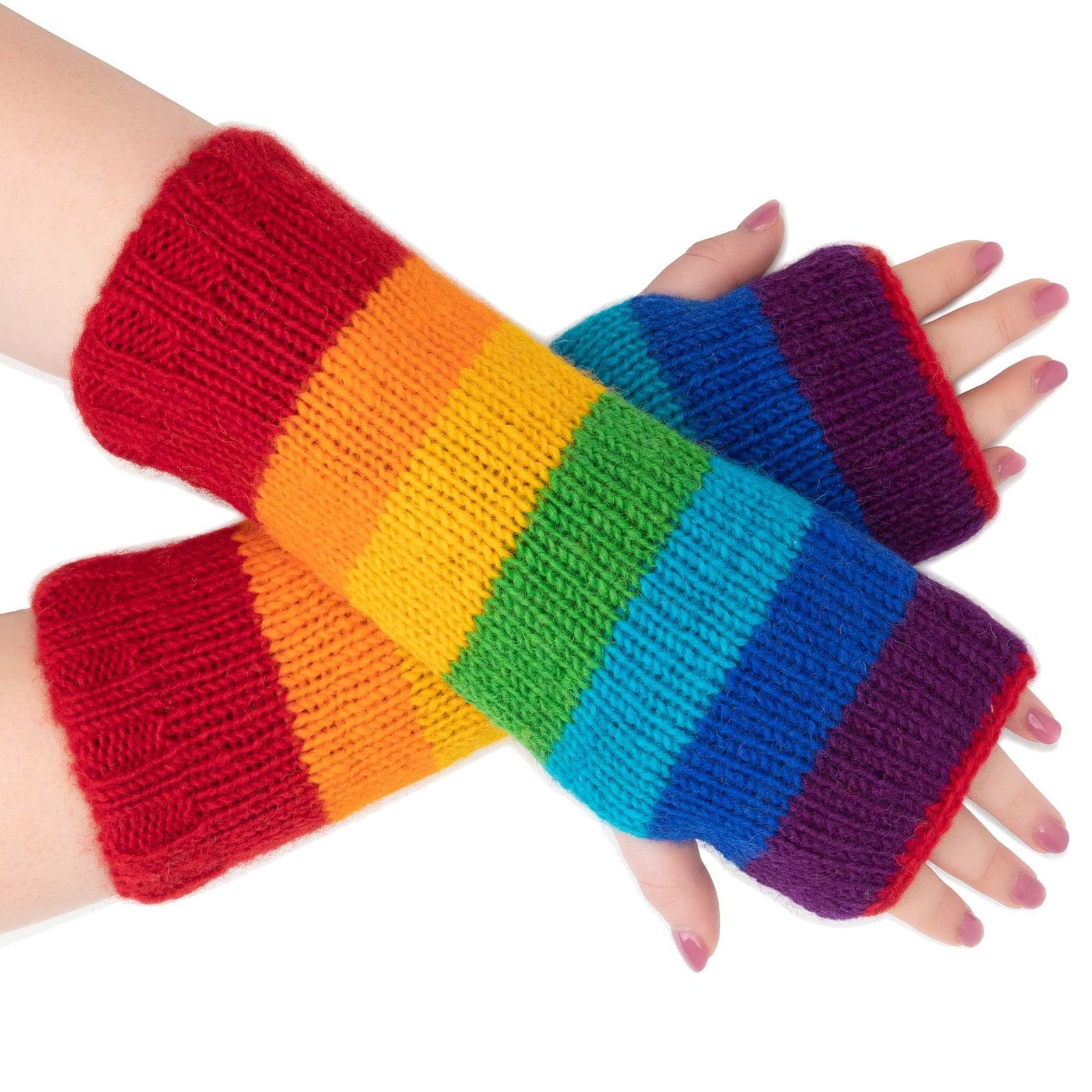 KUNST UND MAGIE Armstulpen Bunte Armstulpen Hand Pulswärmer Handschuhe Wolle Strick Regenbogen