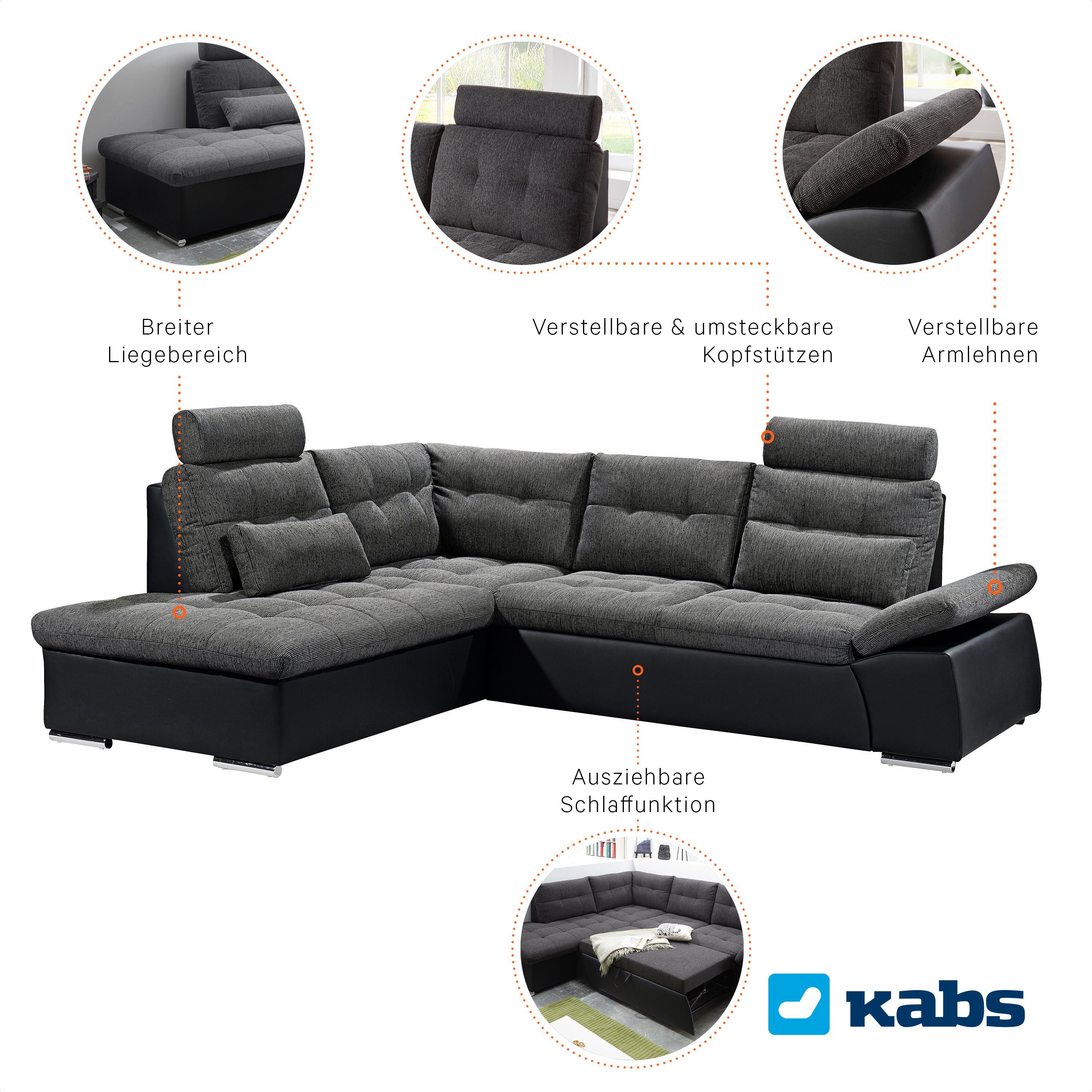 Kabs Polsterwelt Ecksofa Jakarta, Schlaffunktion, Umsteckbare Kopfstützen, Zierkissen, Maße: BxHxT: ca. 219 x 260 x 103 cm, Made in Europe