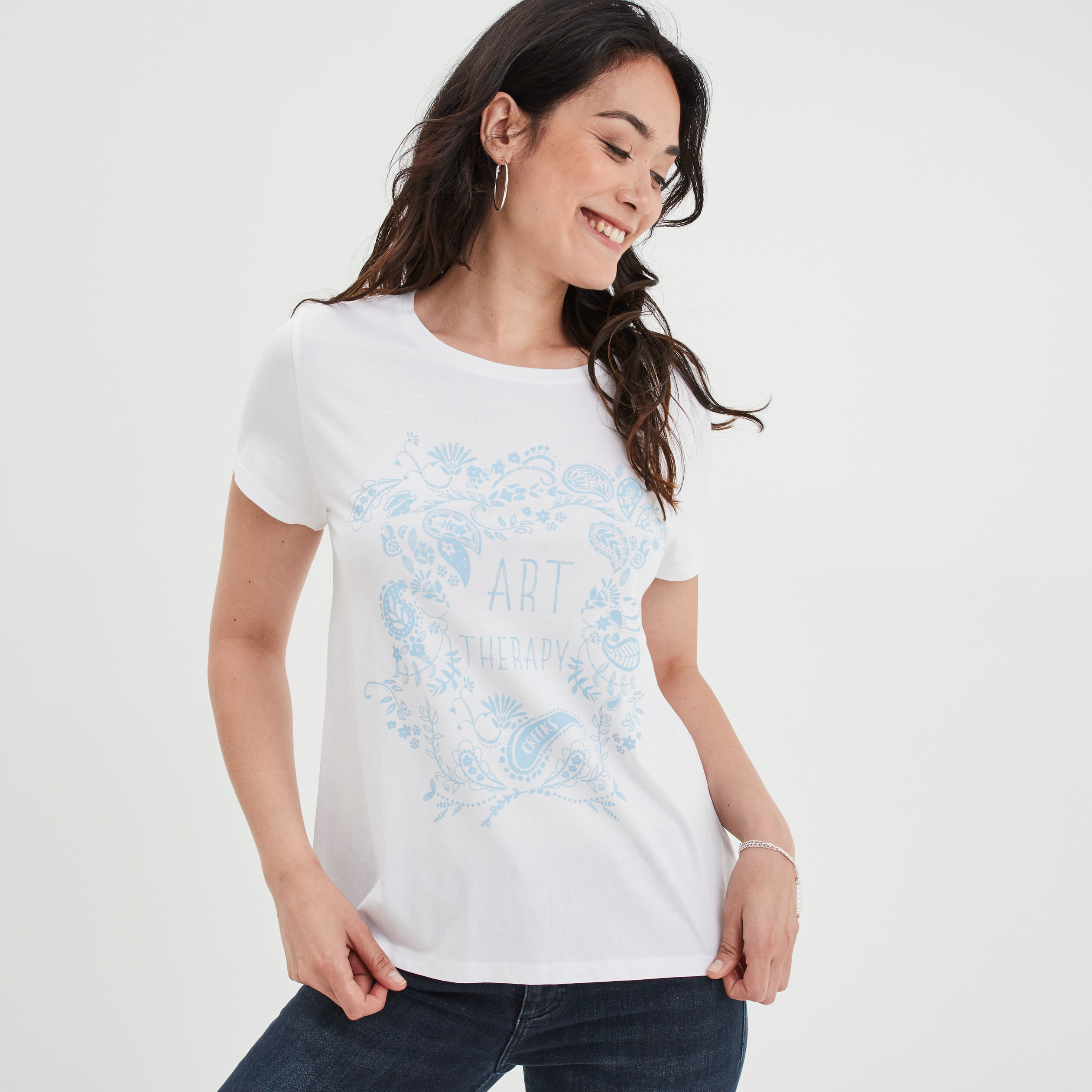 T-shirt ajusté col rond coton Creeks ecru femme | La Halle