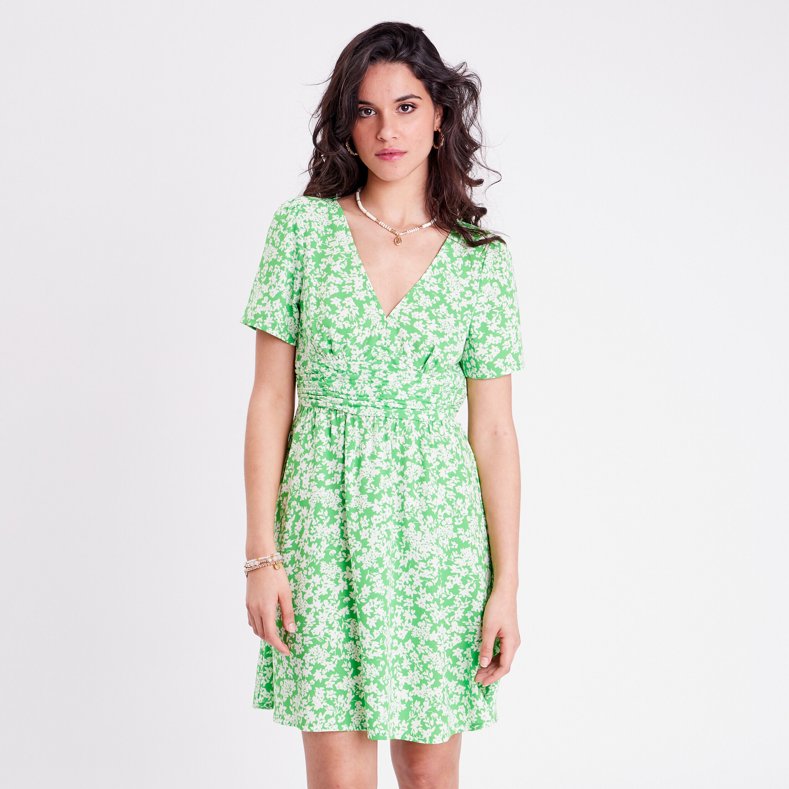 Robe évasée manches courtes vert clair femme | Cache Cache