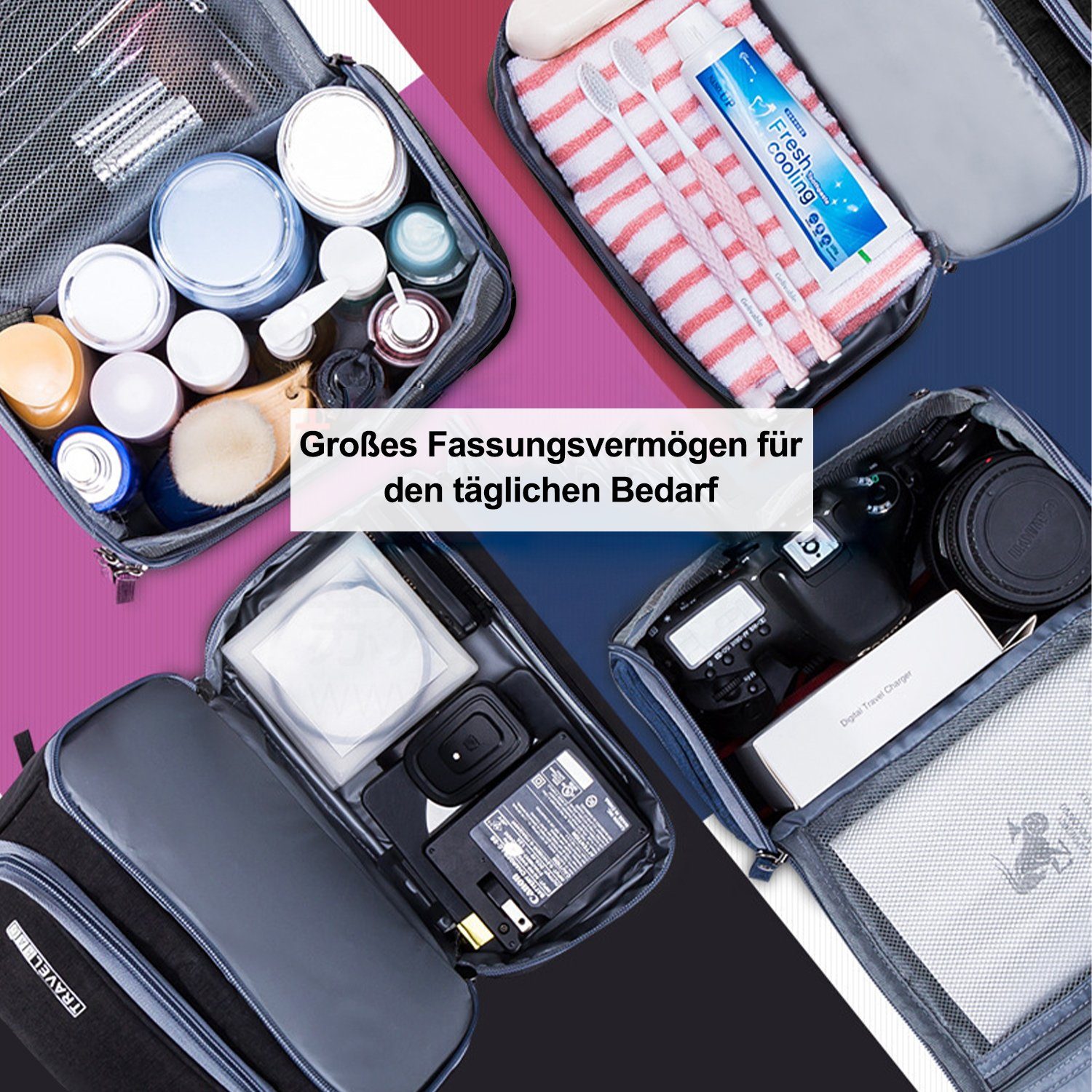 Vicbuy Kosmetiktasche Kosmetikbeutel mit Tragegriff, Kulturbeutel (Doppelschichtige Waschtasche, Reise Organizer, Toilettenartikel Aufbewahrungstasche, Kosmetiktasche, Waschbeutel mit Wasserdichte Schicht)