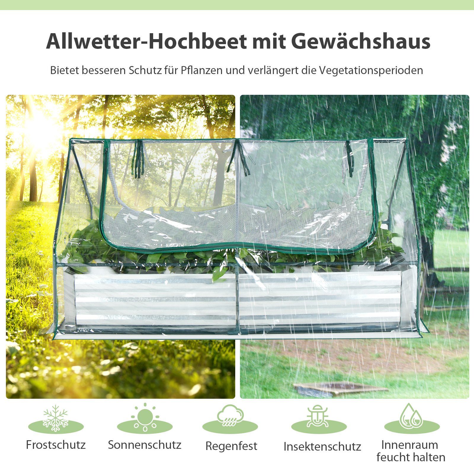 COSTWAY Hochbeet Frühbeet, 2in1, mit Gewächshaus, PVC-Folie, 2 Fenstern