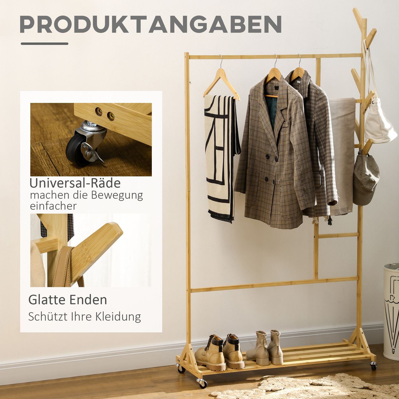 HOMCOM Kleiderständer Garderobenständer mit Kleiderhaken, Hängeschiene, Regal