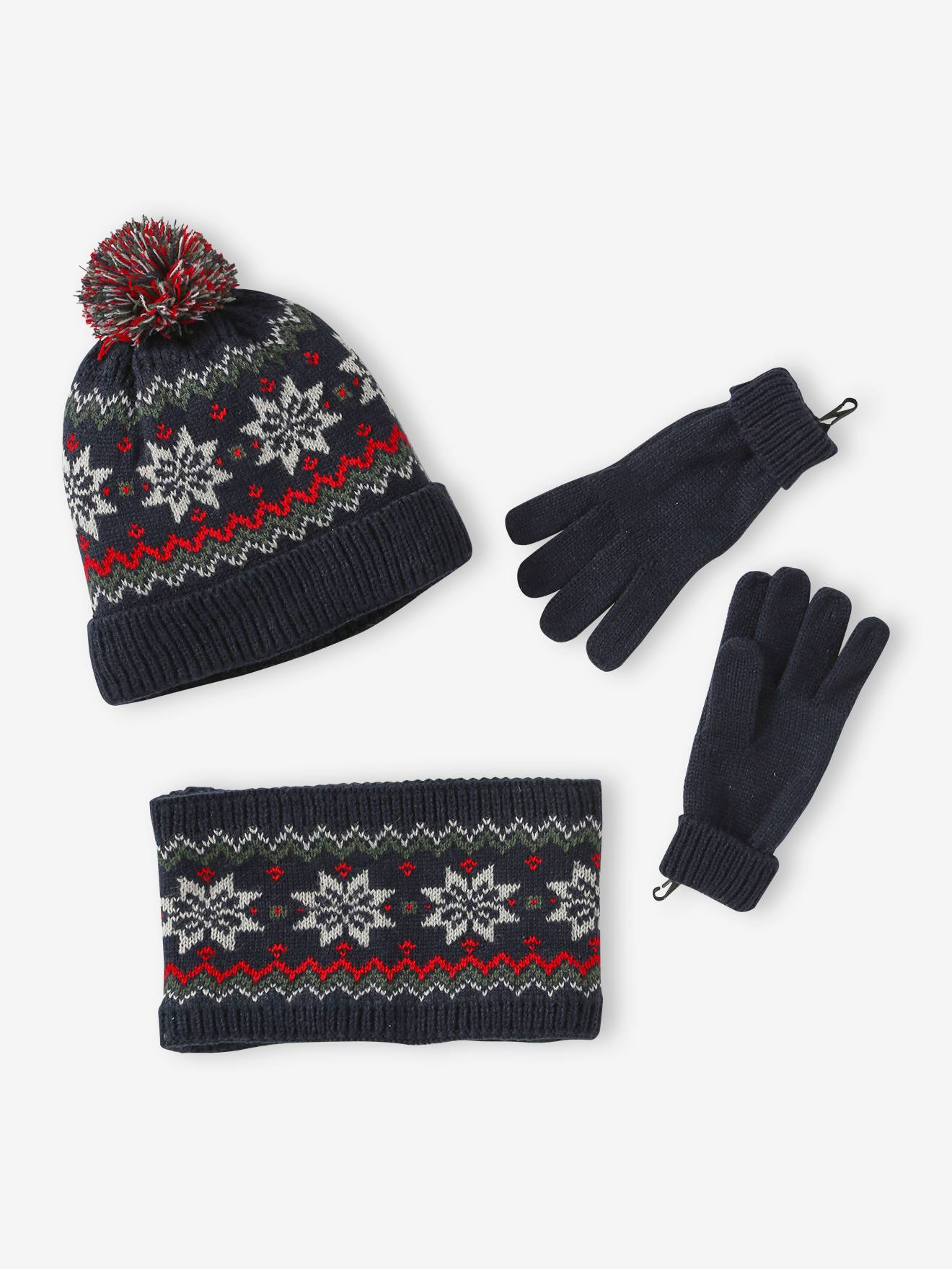 Vertbaudet Jungen Weihnachts-Geschenkset: Mütze, Handschuhe & Rundschal - marine