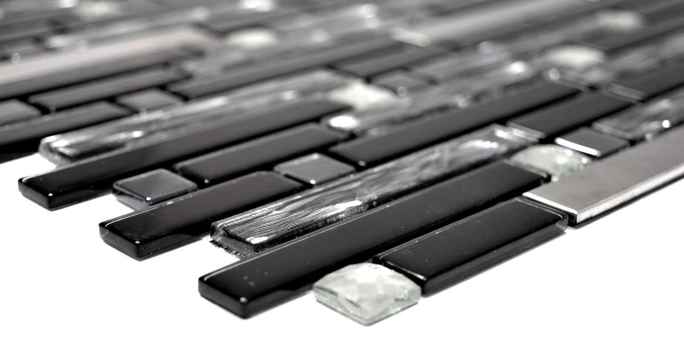Mosani Mosaikfliesen Glasmosaik Stäbchen Edelstahl silber schwarz Fliesenspiegel