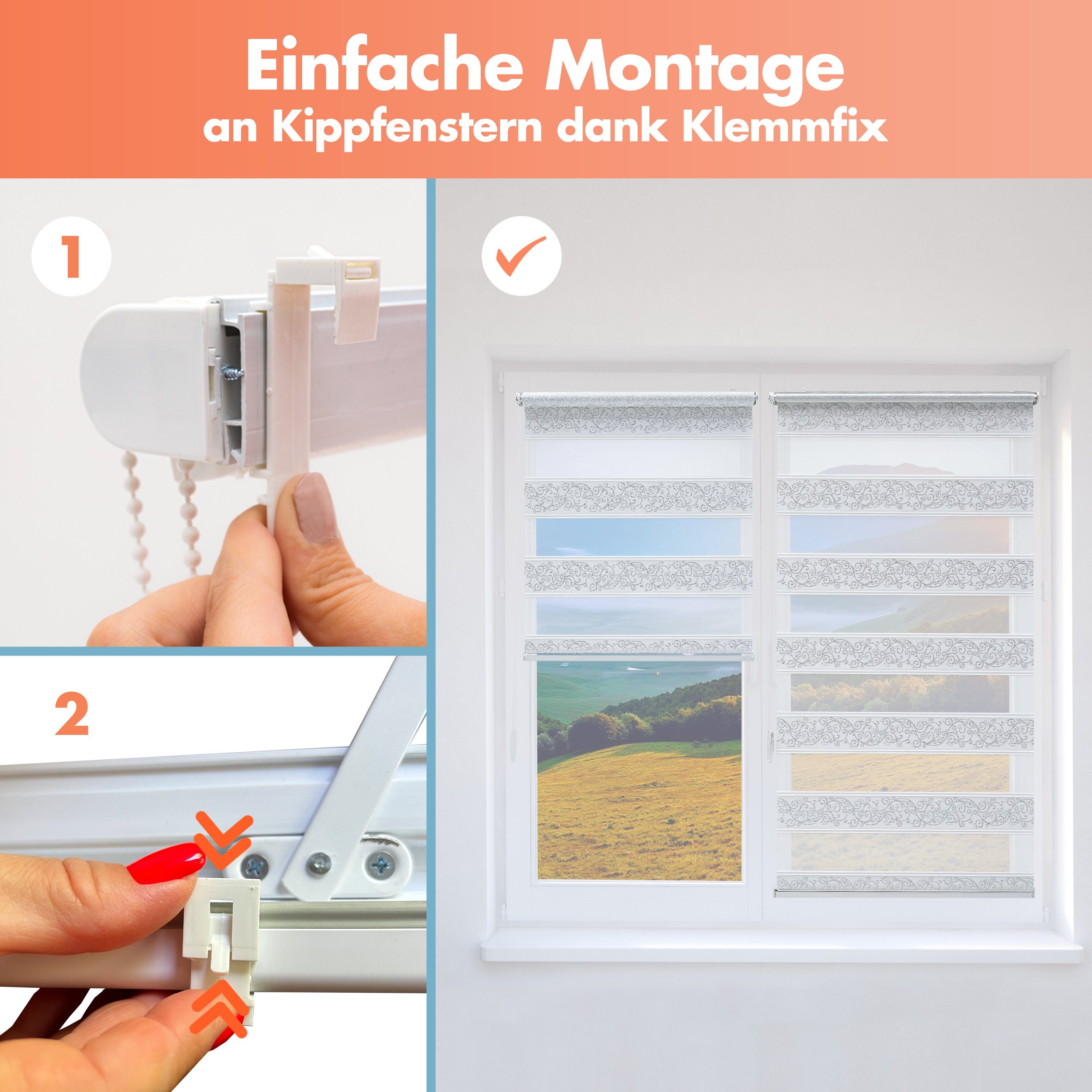 Doppelrollo ohne Bohren, Doppelrollo für Fenster mit Muster, Bailena, Lichtschutz, ohne Bohren, freihängend, Klemmfix, Duo Rollos mit Perlen, glitzernd, Ranken Blumen Motiv