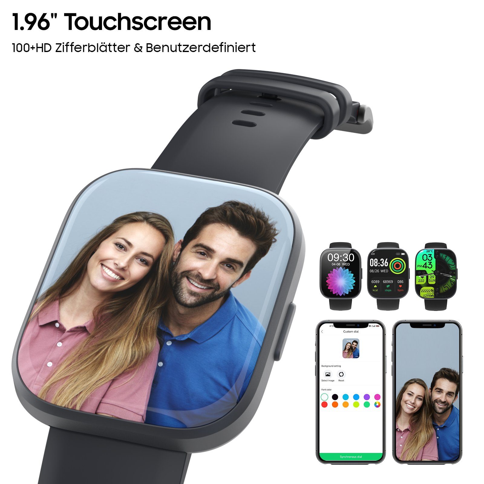 iceagle T33 Smartwatch Damen Herren,Fitnessuhr Tracker mit Telefonfunktion Smartwatch (5.5 cm/1.96 Zoll, iOS 8.0+/Android 4.4) Gesundheits- und Fitness-Smartwatch, für Android/iOS300 mAh Lithium-Akku mit Bluetooth Anrufe, Fitness Uhr, Fitness Tracker