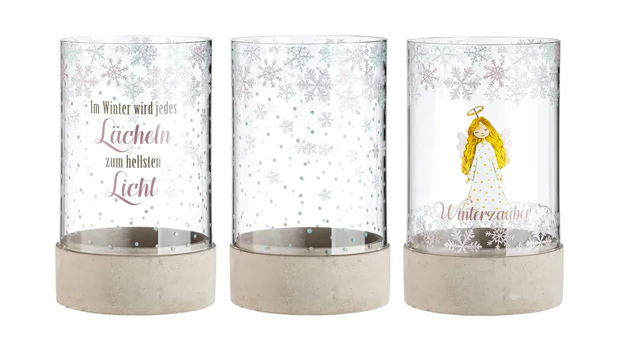 GILDE Zement Windlicht Winterzauber H=25,5cm grau, klar, rosa