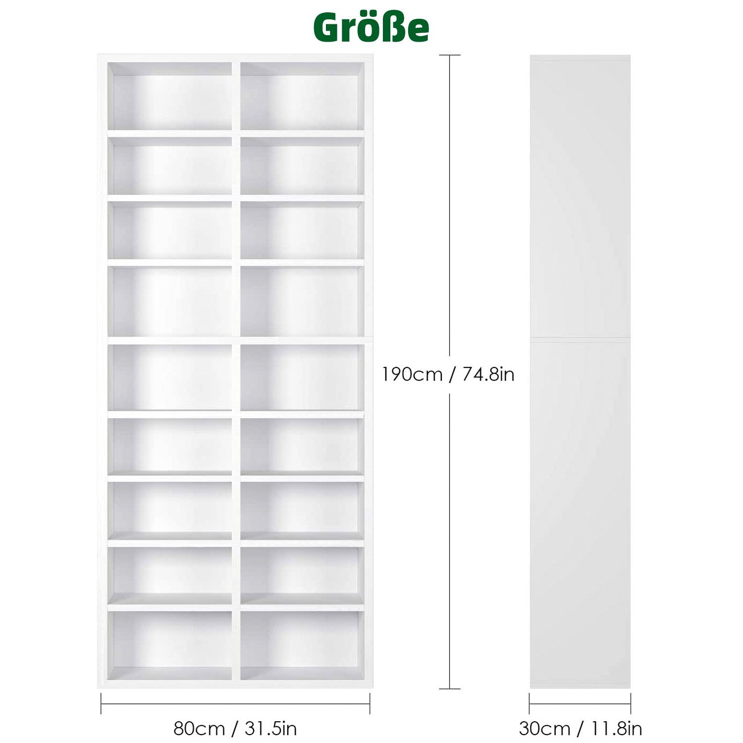Authmic Bücherregal Regal, Standregal, Bücherregal, Leiterregal, CD Regal mit 18 Fächern CD Ständer höhenverstellbar Standregal Raumteiler für Wohnzimmer Arbeitszimmer Weiß, für Wohnzimmer, Schlafzimmer