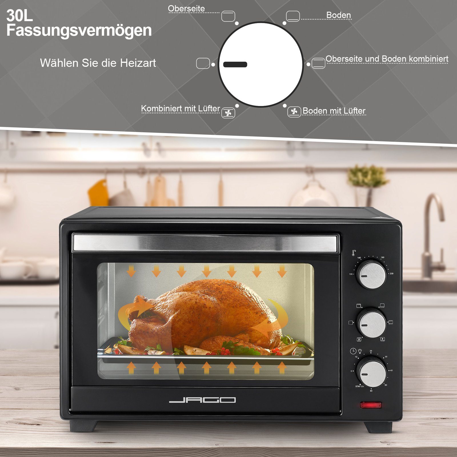 Jago Minibackofen mit 30/48/60L 1600/2000W Grill Mini Ofen Toastofen Pizzaofen