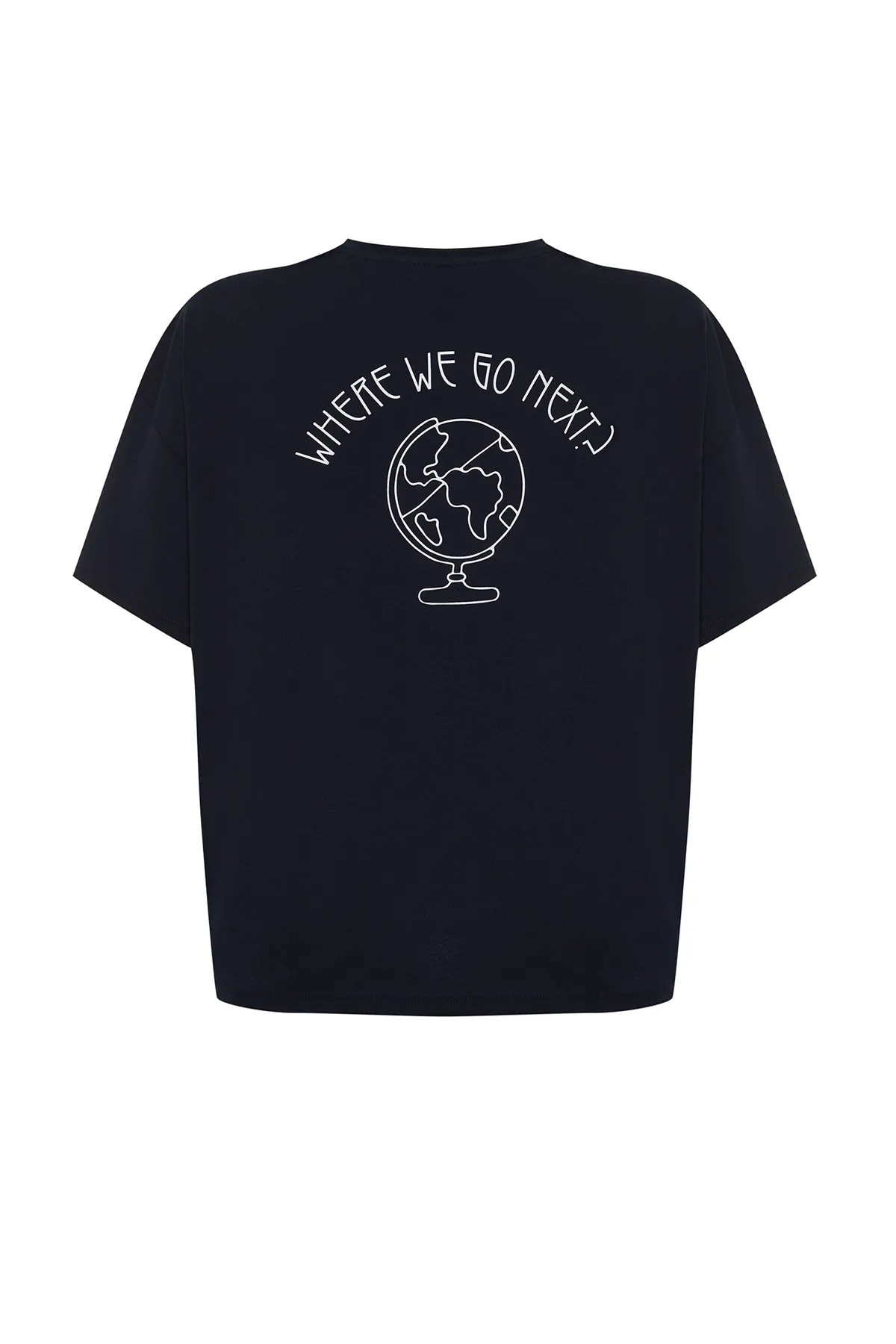 Trendyol Curve  Marineblaues Strick-T-Shirt mit Rundhalsausschnitt, 100 % Baumwolle, hinten bedruckt, entspannt/weit, entspannte Passform, TBBSS24BF00025