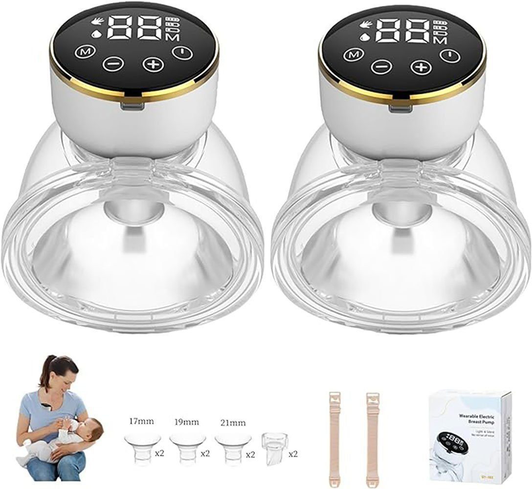 AUKUU Elektrische Milchpumpe Elektrische Milchpumpe 2er Pack Tragbare Brustpumpe zum Stillen, Elektrische, Freihändige, 3 Modi & 9 Stufen, Muttermilch mit 17 mm/19, mm/21 mm/24 mm Trichter, mit längster Akkulaufzeit und LED-Anzeige