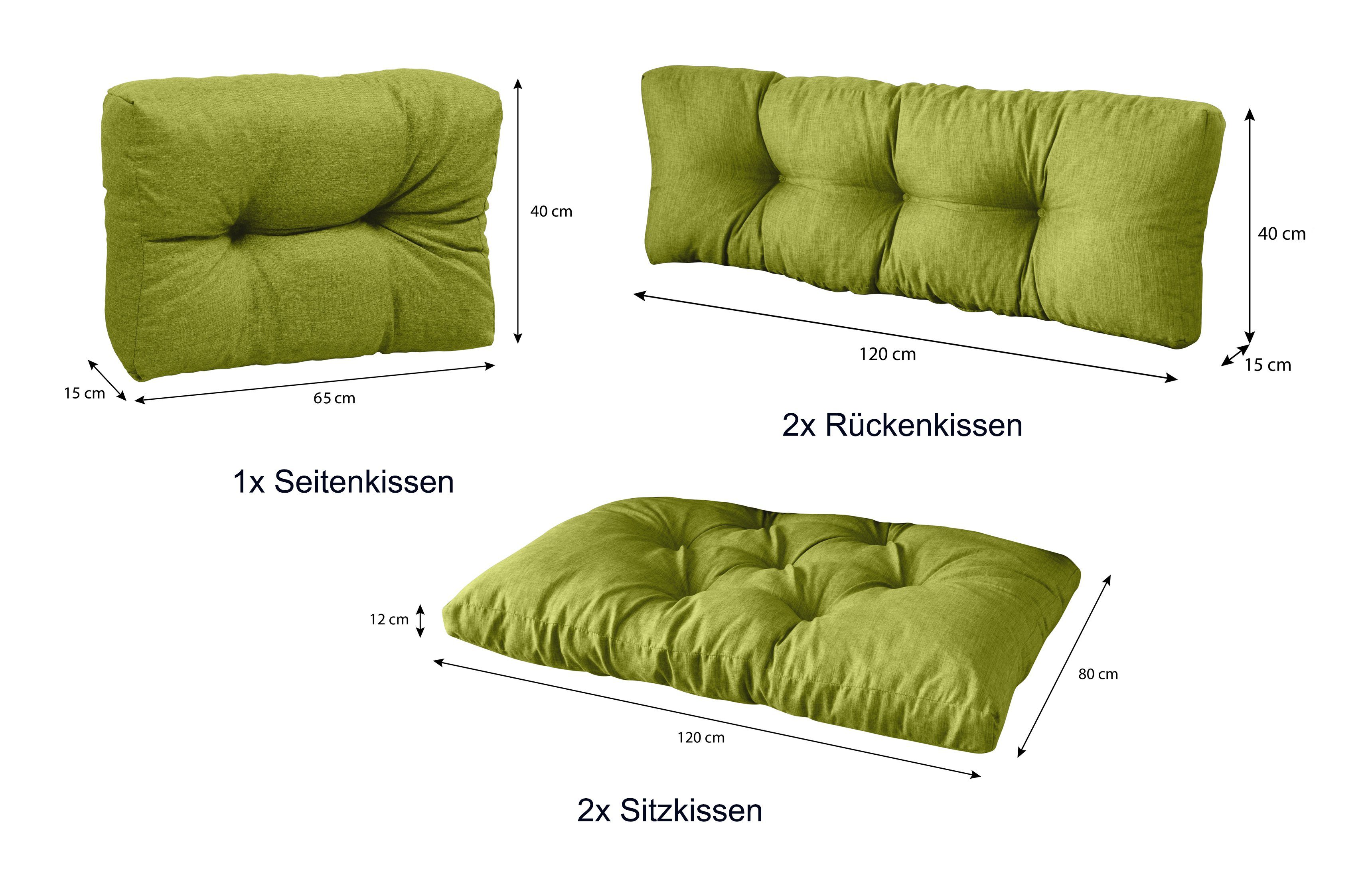 sunnypillow Palettenkissen 5er Set: 2x Sitzkissen + 2x Rückenkissen + 1x Seitenkissen, palettenmöbel palettencouch polsterauflage 120 x 80