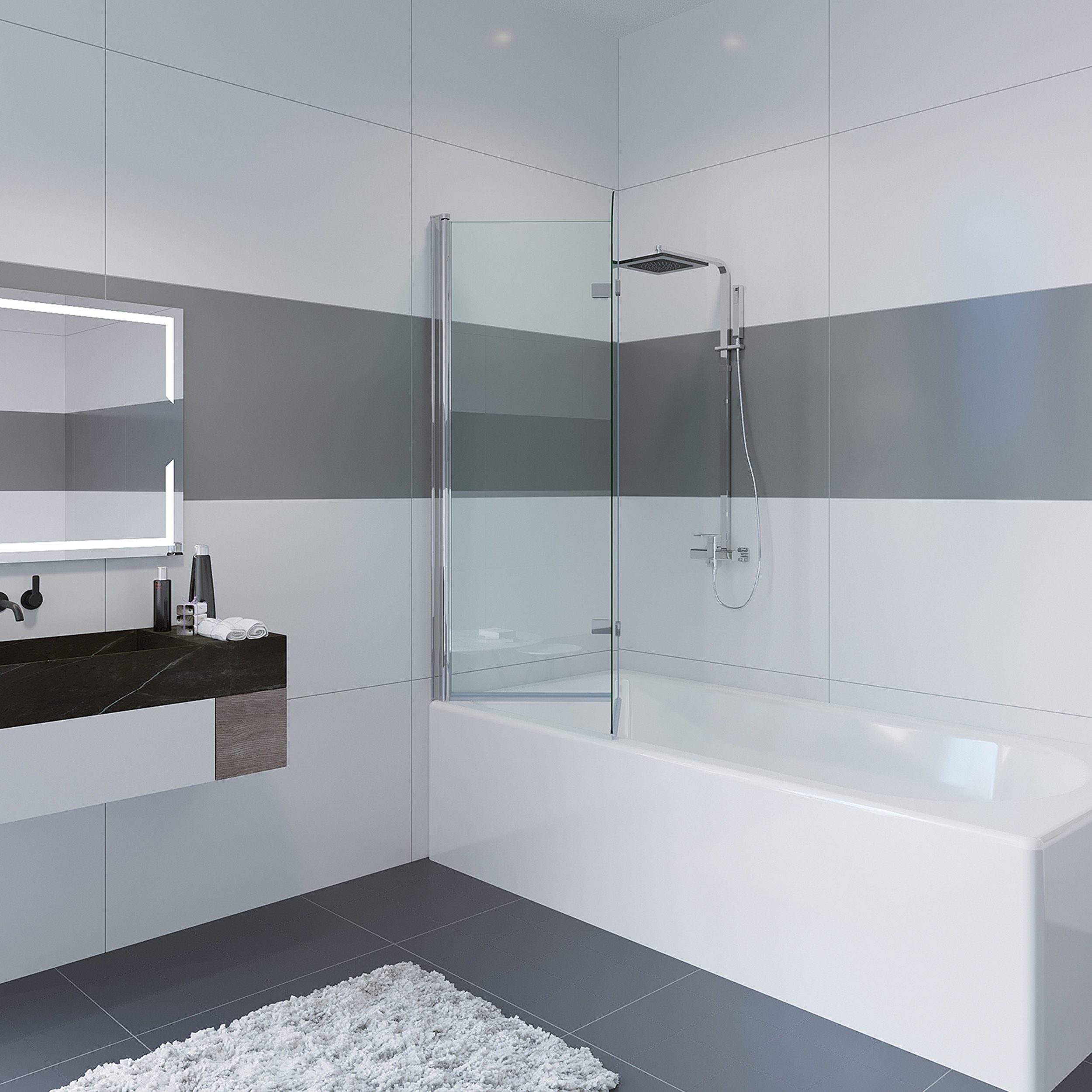 IMPTS Badewannenaufsatz, Glas Alu, (2 tlg., 2 TLG), Duschabtrennung für Badewanne, Dekor Querstreifen,Alpinweiß