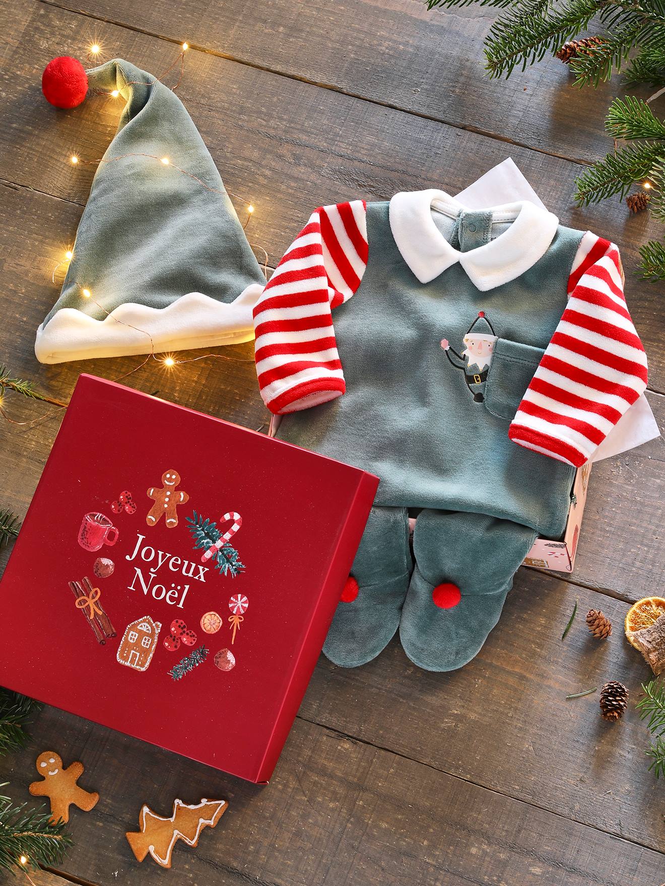 Vertbaudet Baby Set aus Strampler und Mütze, Wichtel-Kostüm - tanne