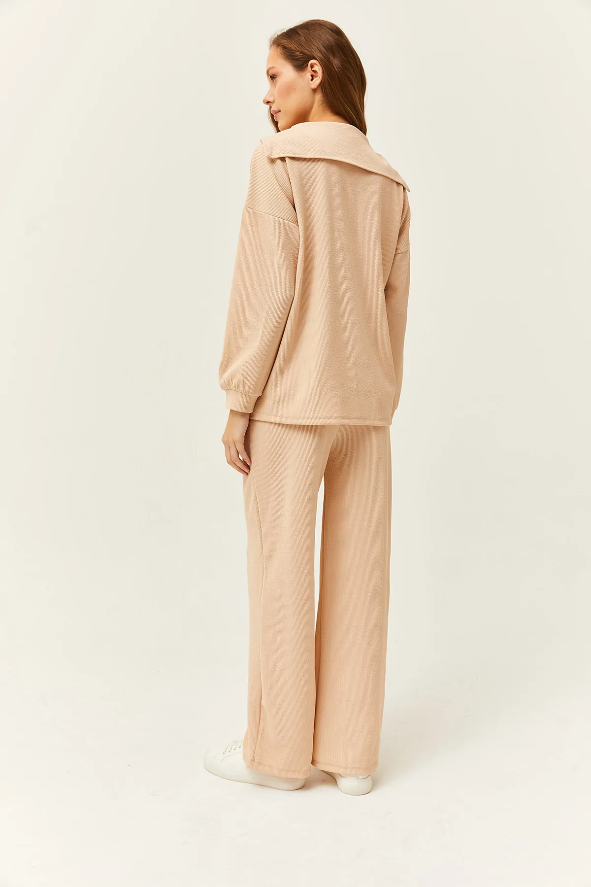 Olalook  Beiges Damen-Set mit Oberteil und Pullover mit Reißverschluss, Palazzo-Hose, TKM-19000240