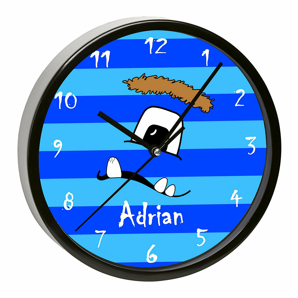 Kinder Wanduhr personalisiert mit Name Monster Streifen blau