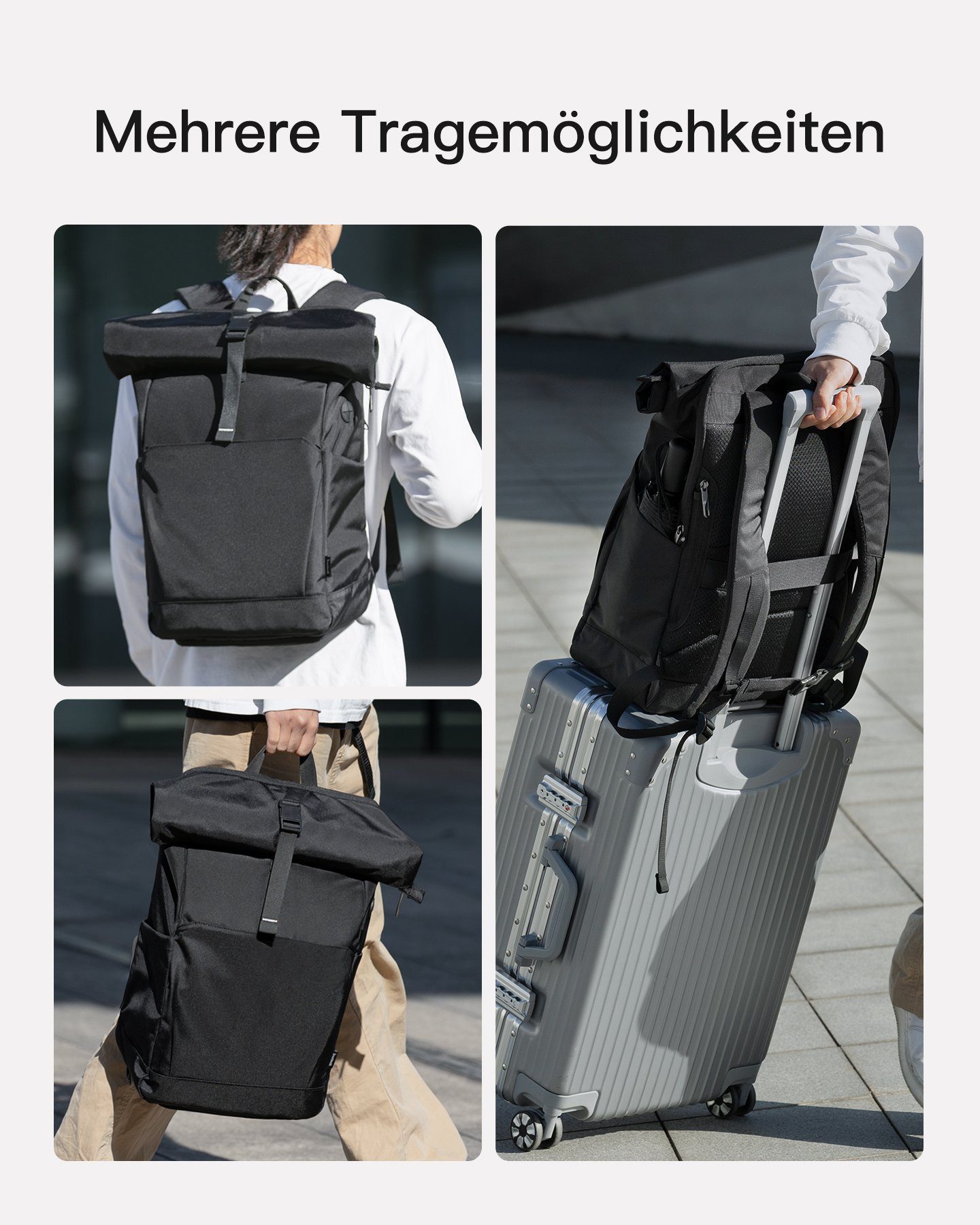 Inateck Laptoprucksack RollTop Rucksack 25L-30L, Tagesrucksack kompatibel mit 17 Zoll Laptops, mit Kopfhörer-/Ladeanschluss und separatem Schuhfach