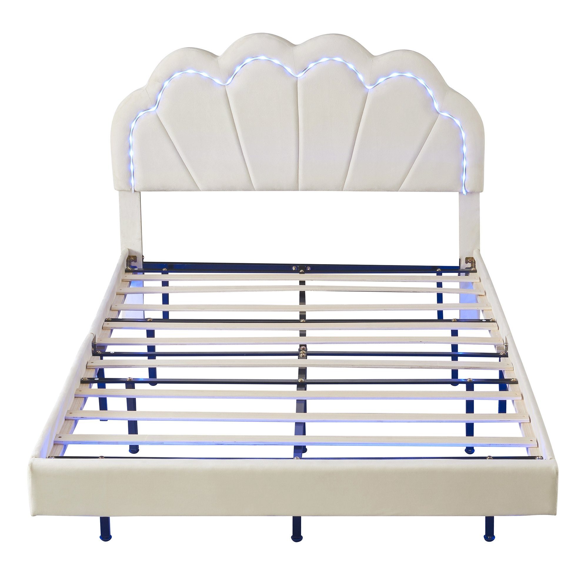 Flieks Polsterbett, LED Beleuchtung Doppelbett Schwebebett Muschel Kopfteil 140x200cm Samt