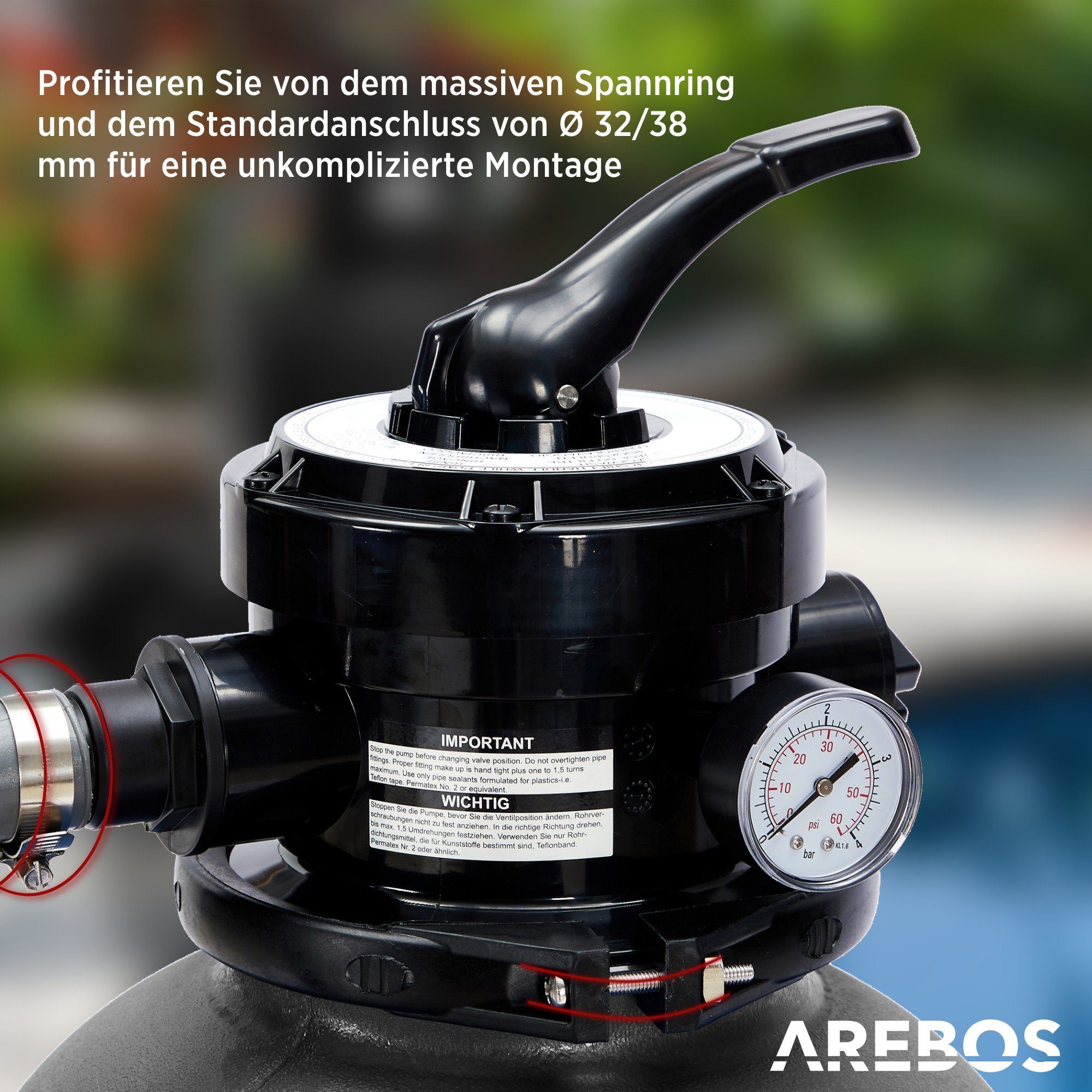 Arebos Sandfilteranlage mit Pumpe inkl.700g Filterbälle + 2m Schlauch, 400 W, 7 Wege-Ventil (Set)