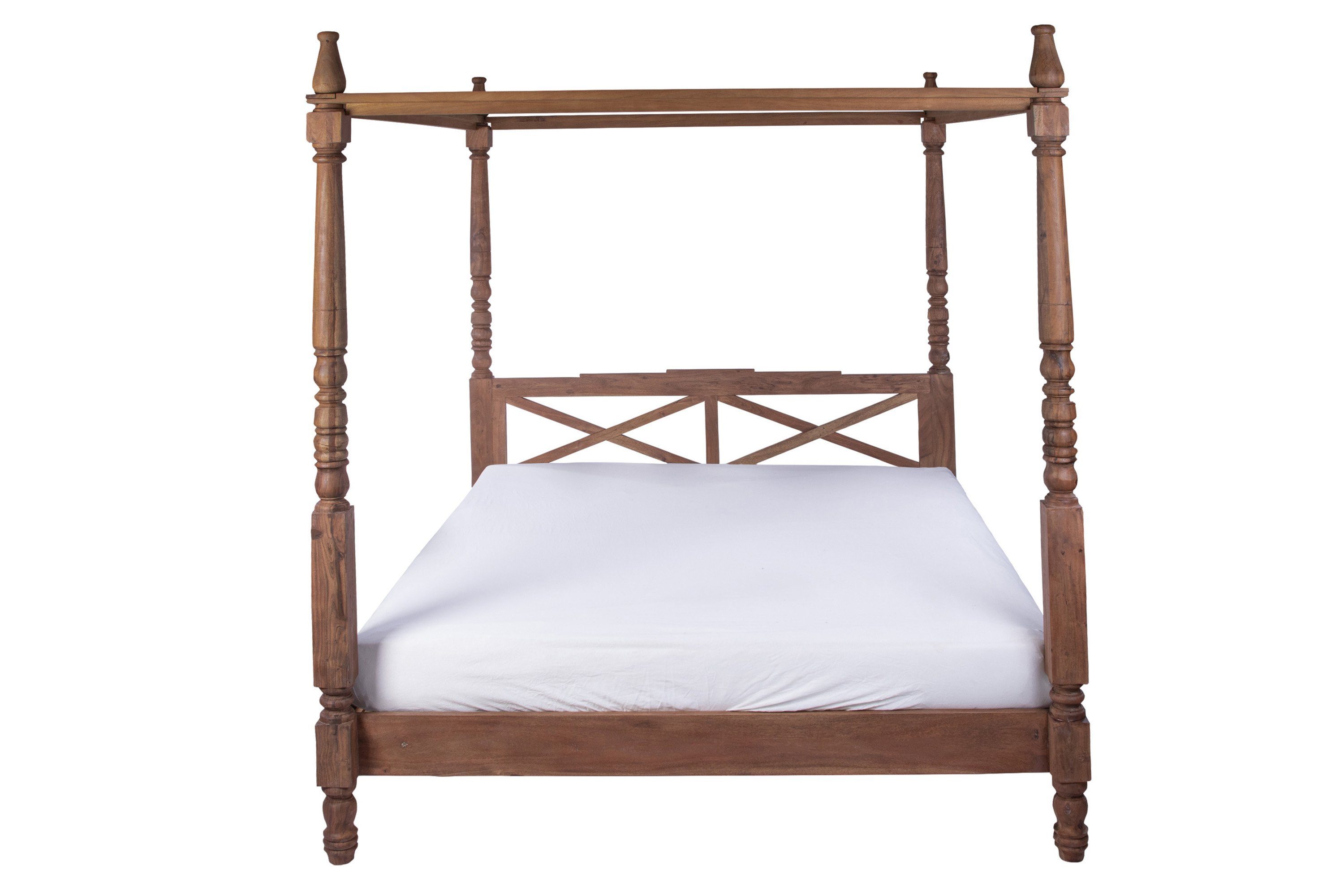 Junado® Himmelbett Holly, massives Akazienholz, in stone- oder nougatfarben erhältlich, verschiedene Größen wählbar, mit hellem Stoffvorhang