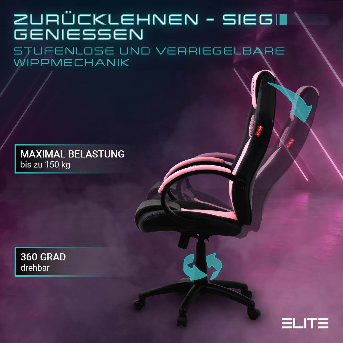 ELITE Gaming Gaming-Stuhl Ergonomischer Gamingstuhl Exodus Bürostuhl inkl. XXL Sitzfläche (Drehstuhl mit verriegelbare Wippmechanik, Armpolster, verstellbare Sitzhöhe, Sicherheits-Doppelrollen, 5-Stern Fußkreuz, 360 Grad horizontal drehbar, PVC Memor