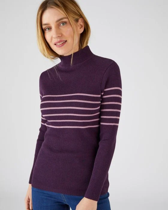 Pull col montant, 50% laine mérinos, uni et rayé
