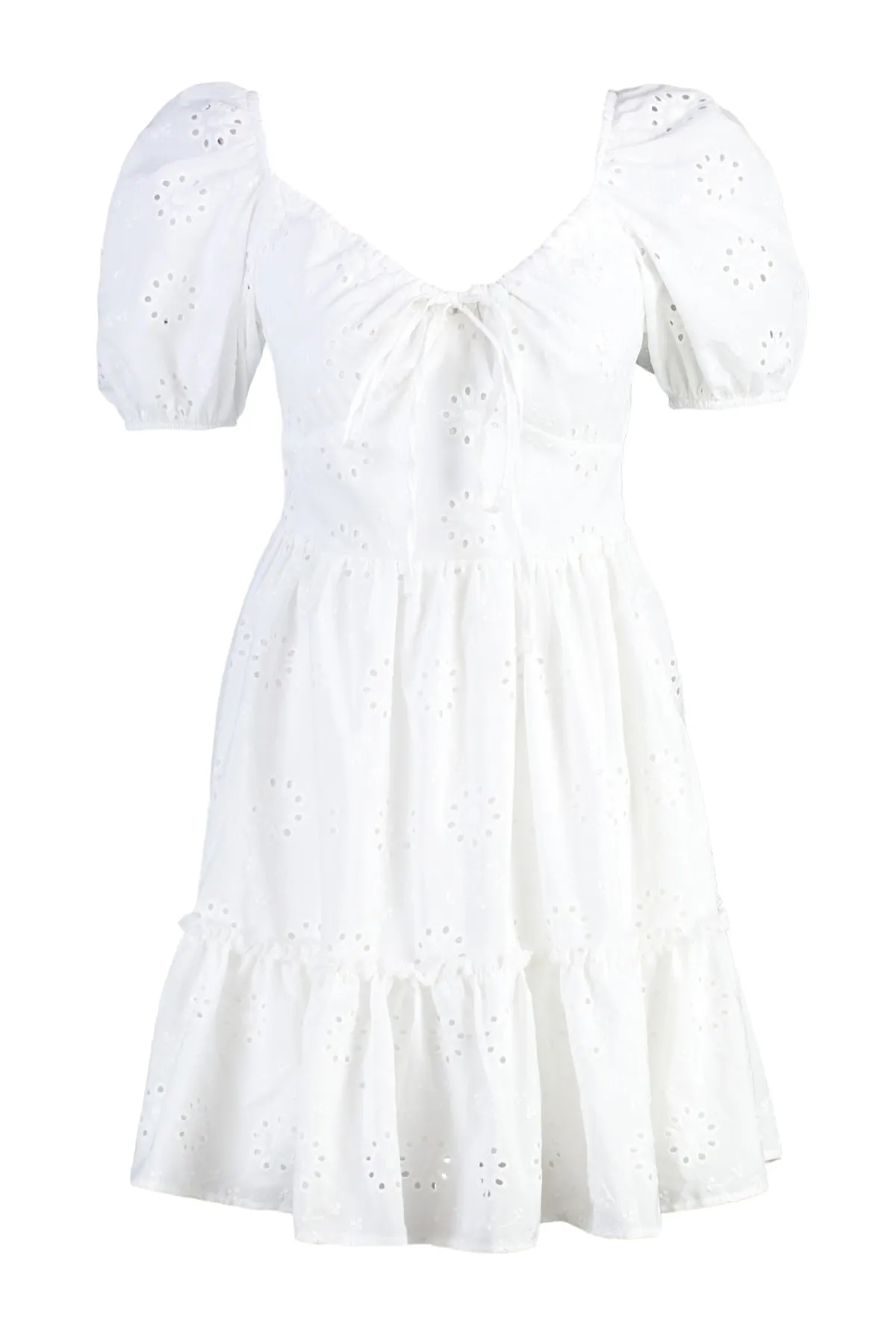 Trendyol Collection  Ecrufarbenes Mini-Webkleid mit offenen Ballonärmeln und Stickerei TWOSS22EL00792