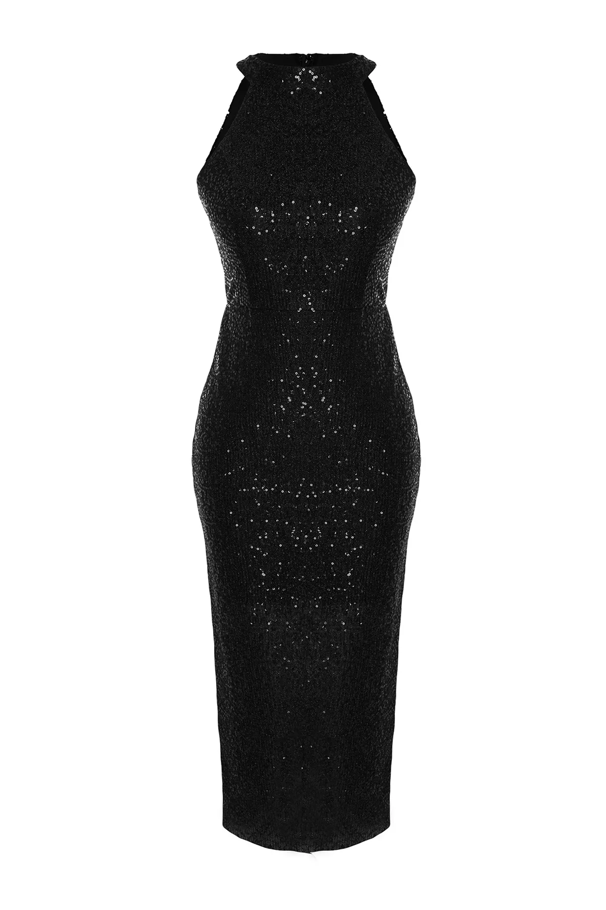 Trendyol Collection  Schwarzes, tailliertes, gestricktes, gefüttertes, glänzendes Pailletten-Pailletten-Elegantes Abendkleid TPRAW24EL00233