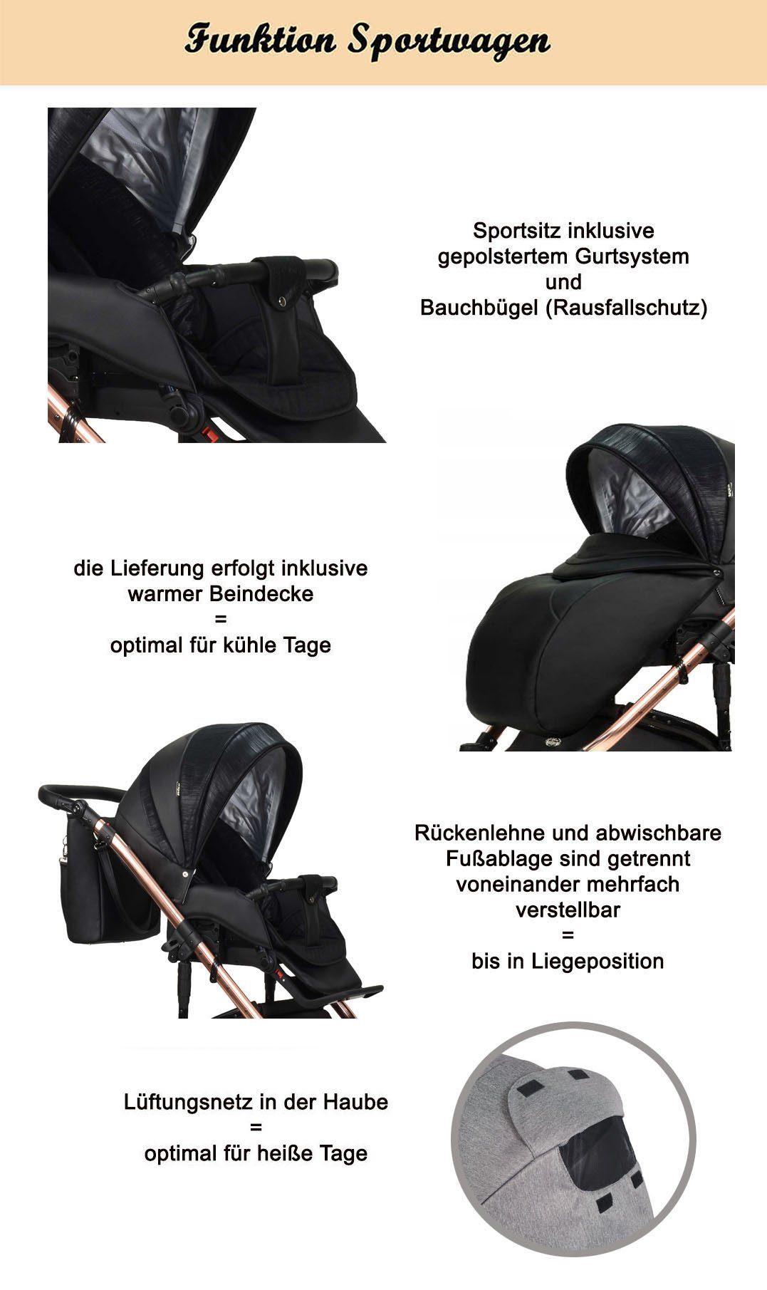 babies-on-wheels Kombi-Kinderwagen 3 in 1 Kinderwagen-Set Vip Lux - 12 Teile - in 16 Farben