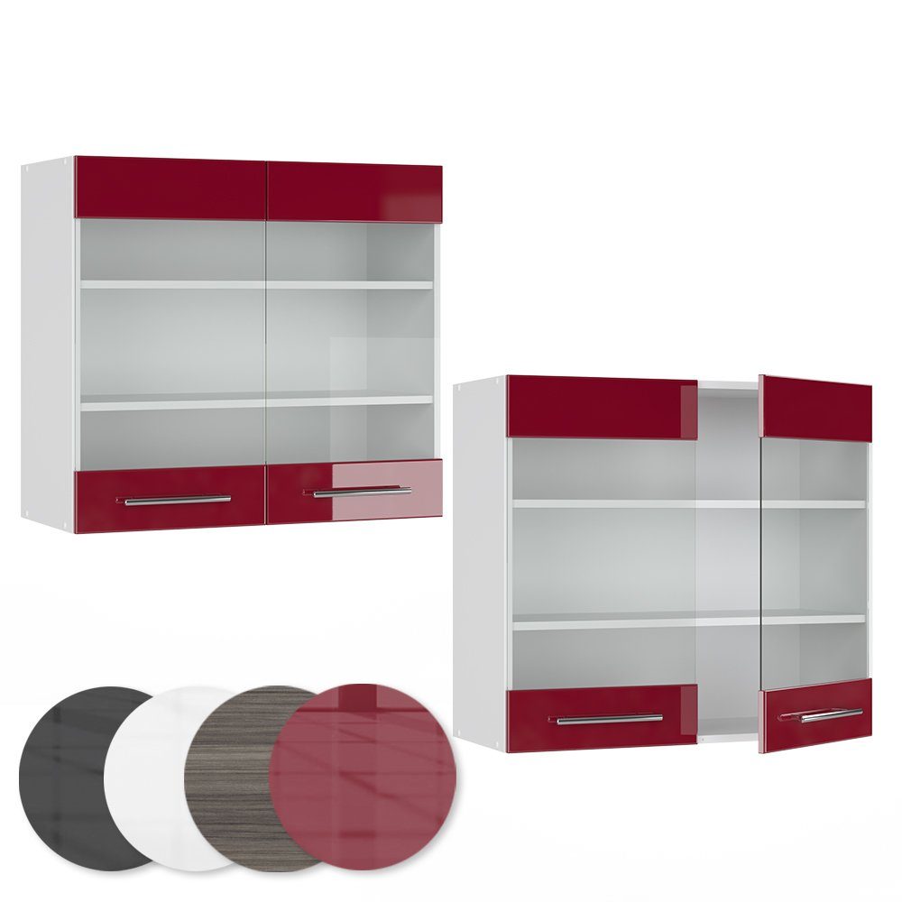 Vicco Glashängeschrank Hängeschrank Küche 80 cm Fame-Line Weiß Bordeaux Hochglanz