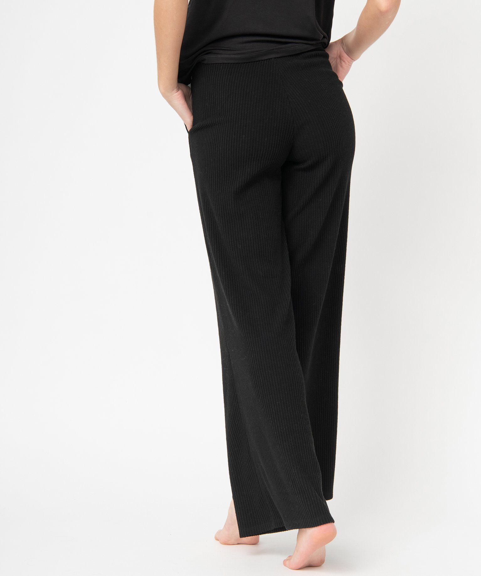 Bas de pyjama femme large en maille ctelée extra douce noir | GEMO