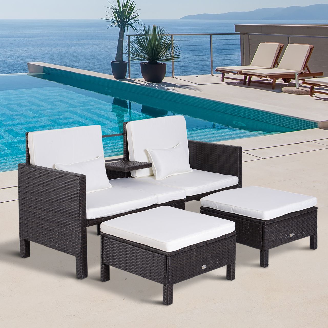 Outsunny 3-tlg. Lounge Gartenset2er-Sofa 2 x Hocker Kissen