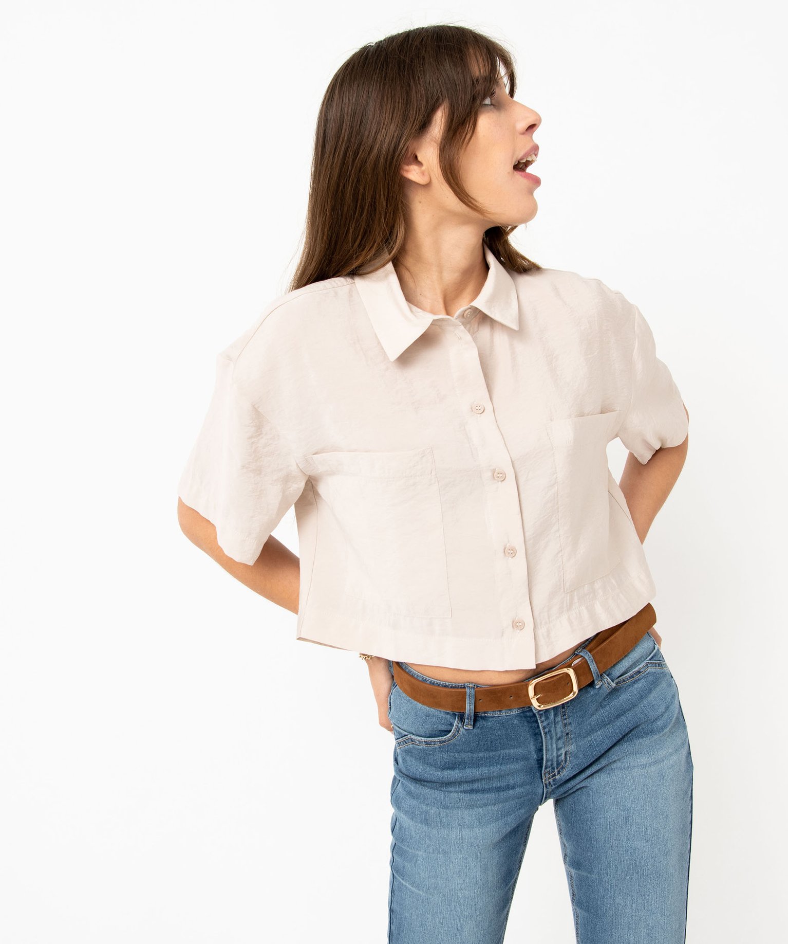 Chemise ample et courte à manches courtes en modal femme beige | GEMO