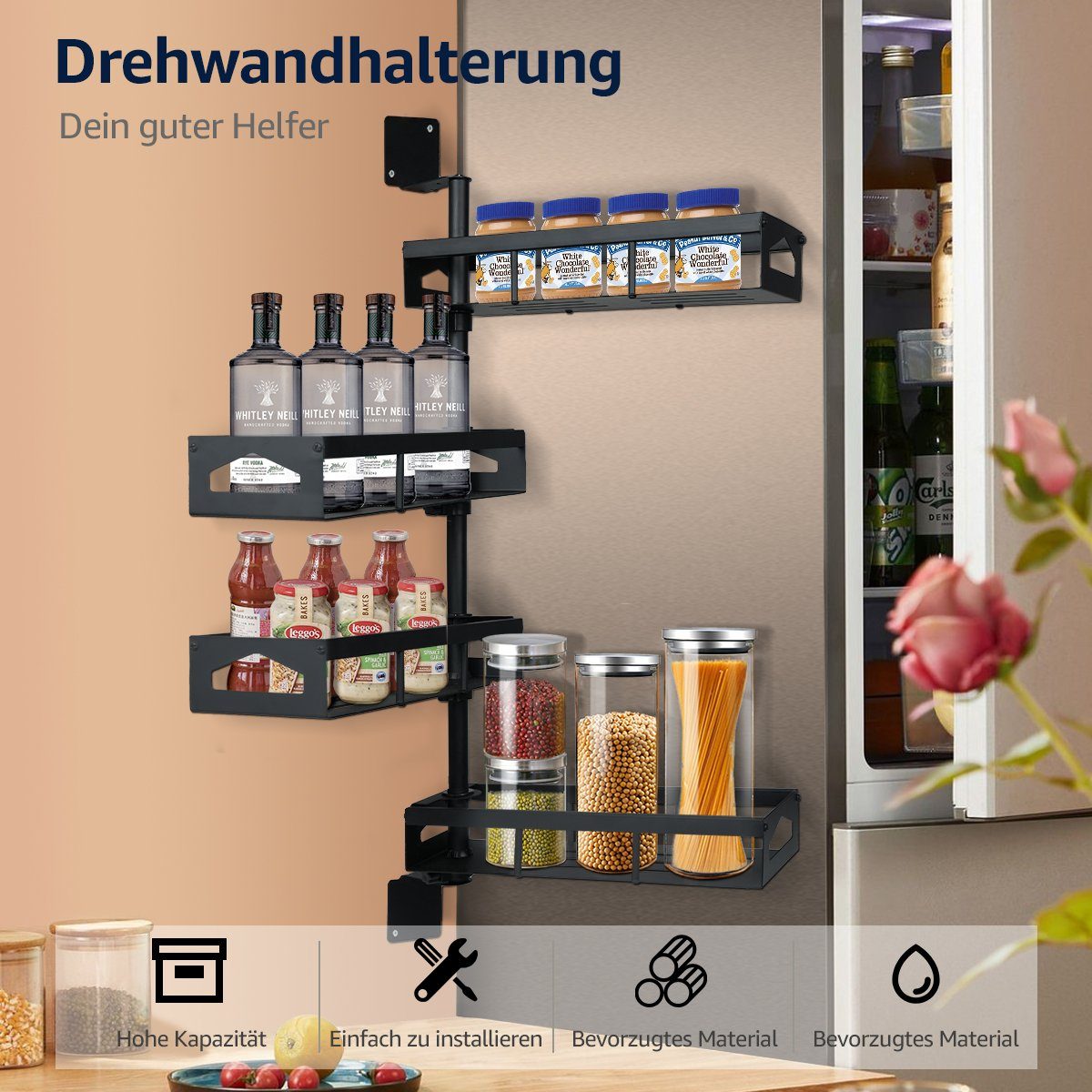 MULISOFT Gewürzregal Küchenregal für Gewürze, mit Höhenverstellbar 180-Grad-Drehung, Gewürzregal Wand, 4 Etagen Rostfrei Gewürzständer