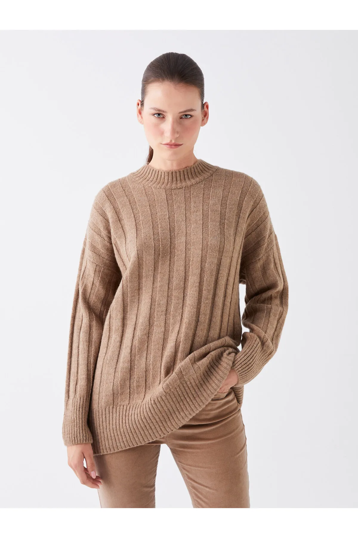 LC Waikiki  Einfarbiger langärmliger Damen-Strickpullover mit halbem Rollkragen