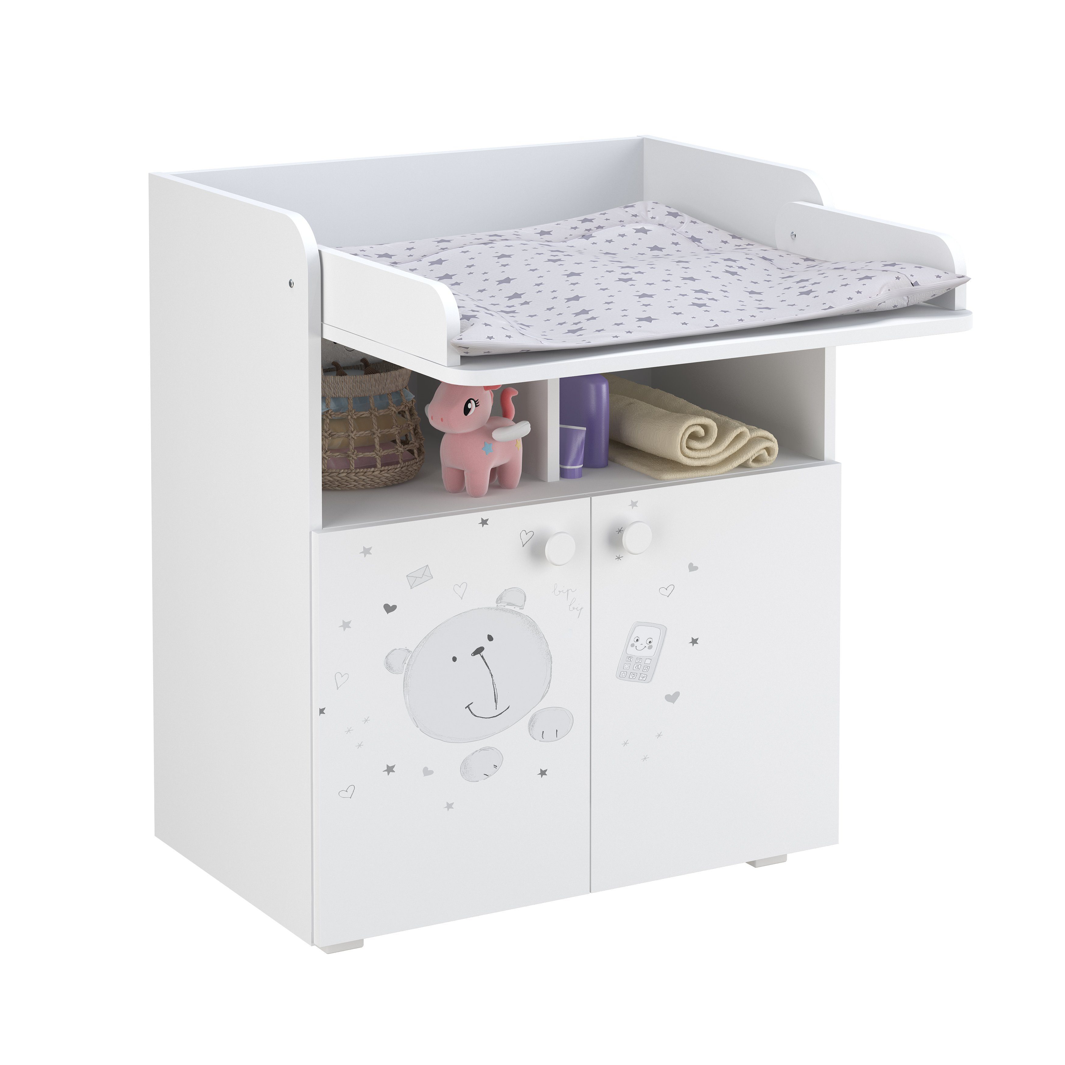 Polini kids Wickelkommode Polini Kids Baby Wickelkommode Wickeltisch French Teddy weiß, klappbare Wickelfläche